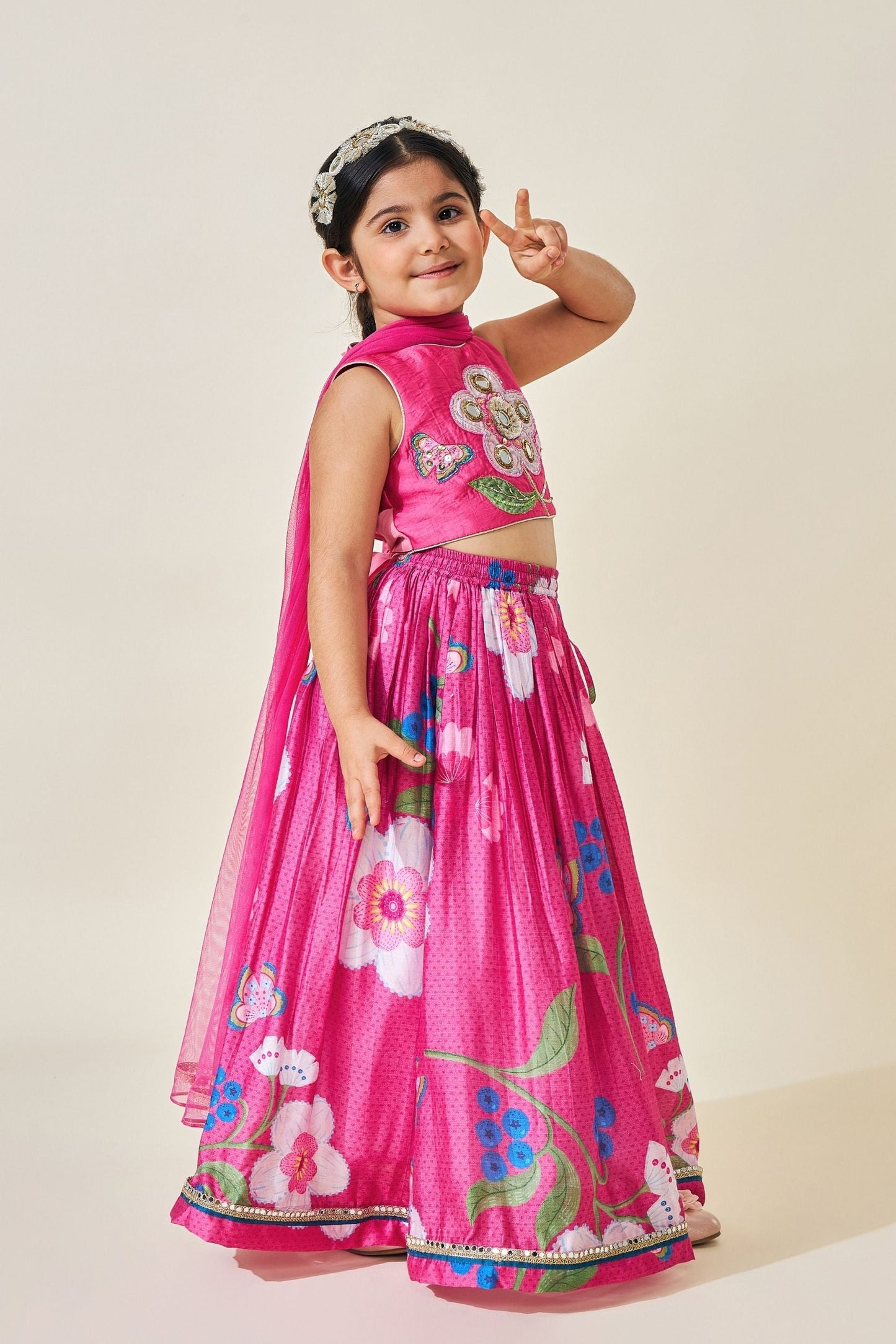 Rumi Plum Girls Embellished Crop Top Skirt Set Of 3