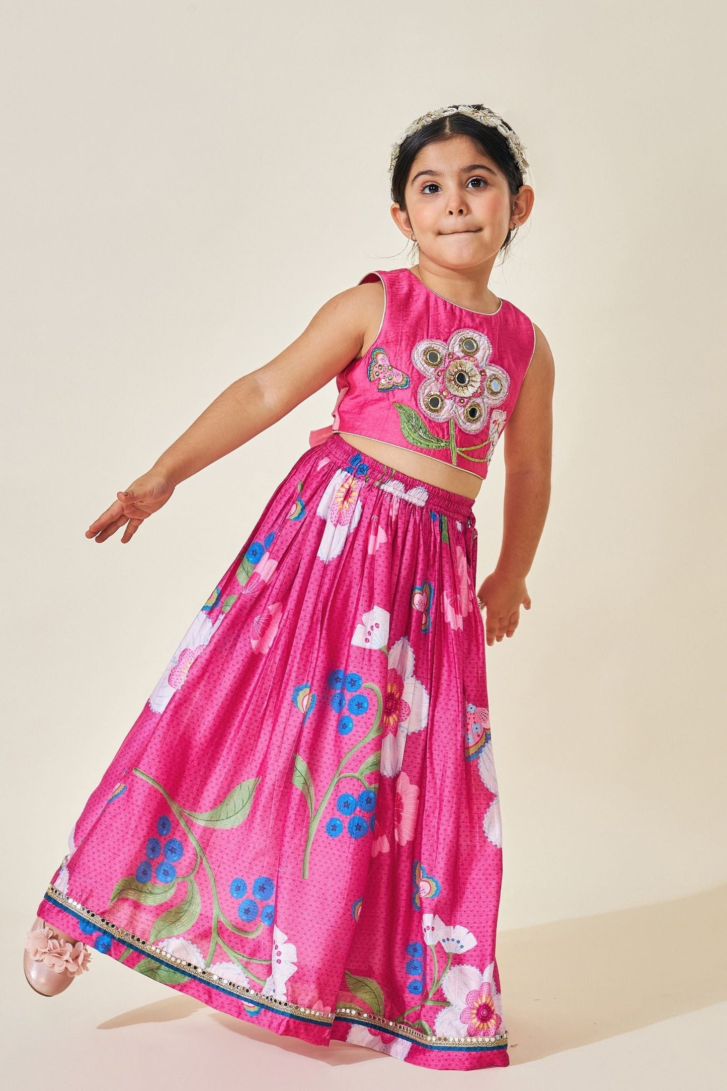 Rumi Plum Girls Embellished Crop Top Skirt Set Of 3