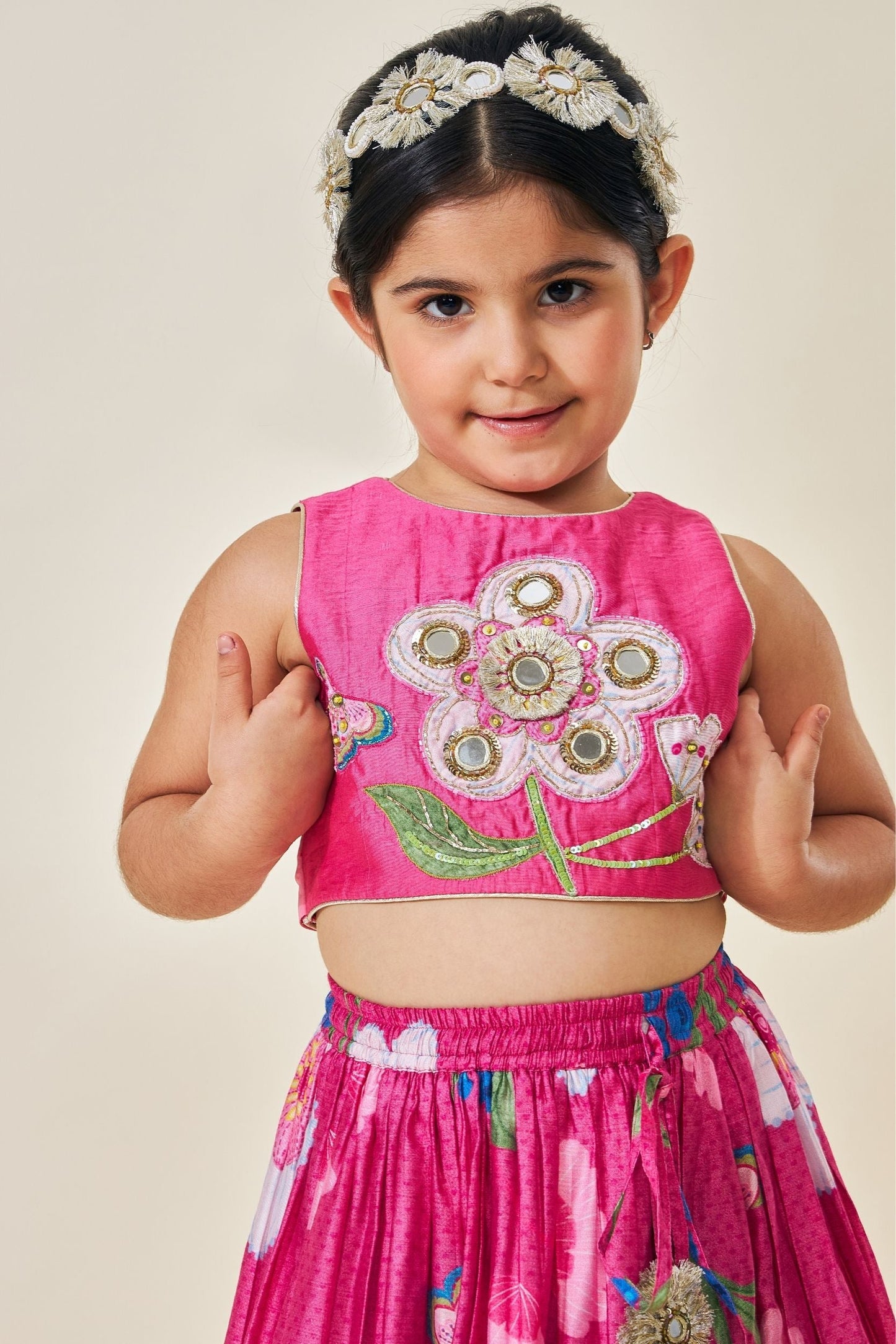 Rumi Plum Girls Embellished Crop Top Skirt Set Of 3