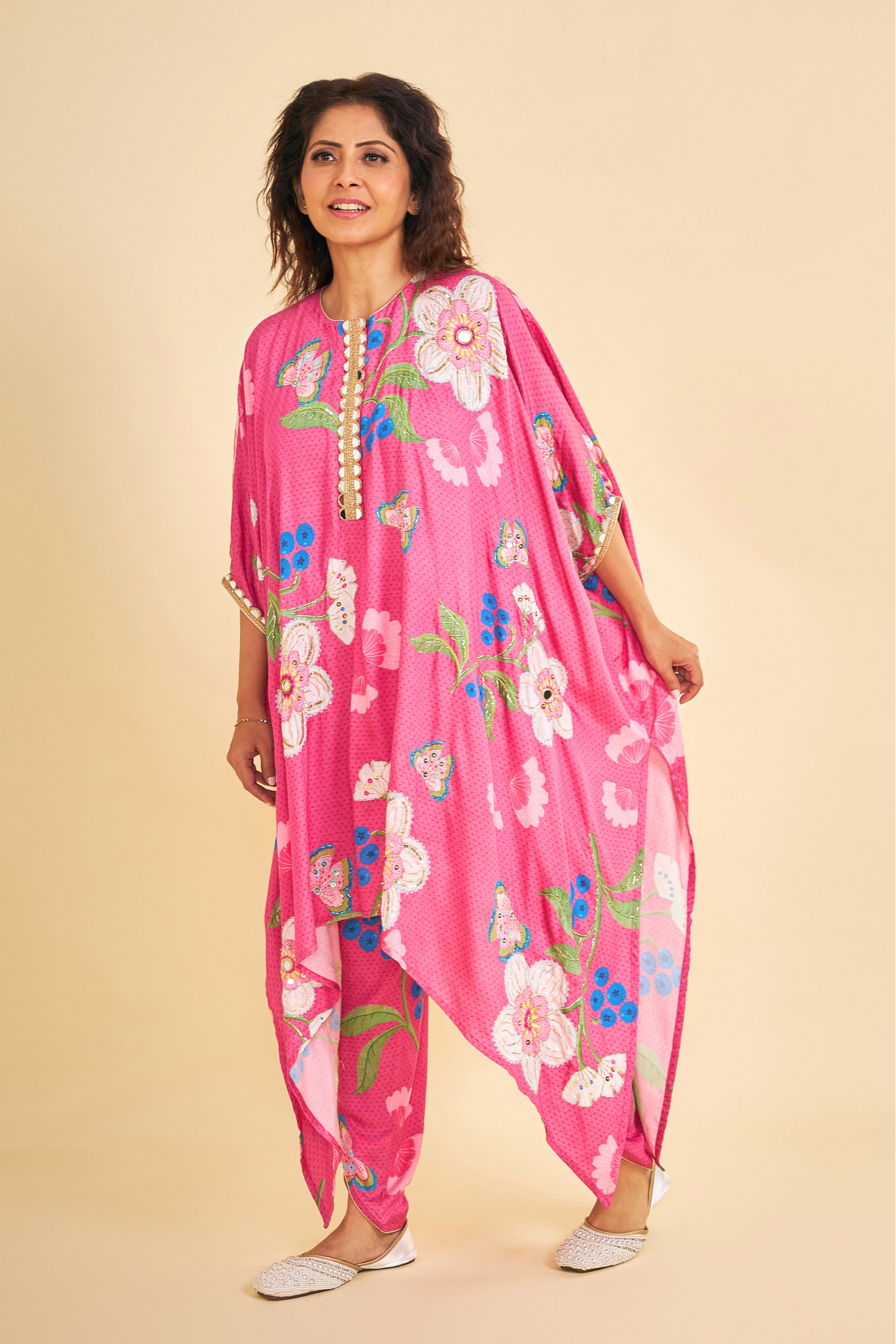 Rumi Plum Embroidered Ladies Kaftan With Tulip Trousers ( Set of 2 Pcs)