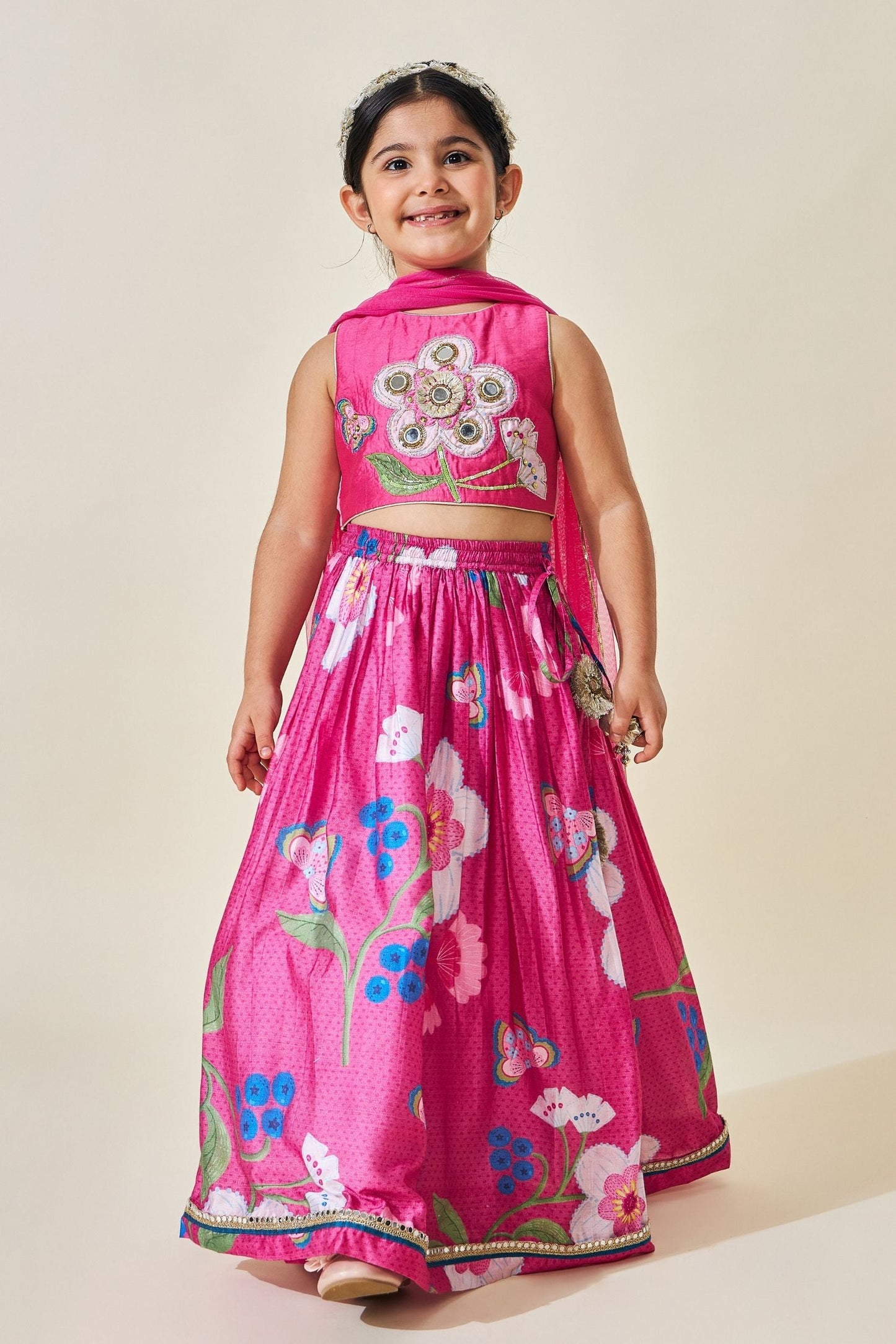 Rumi Plum Girls Embellished Crop Top Skirt Set Of 3