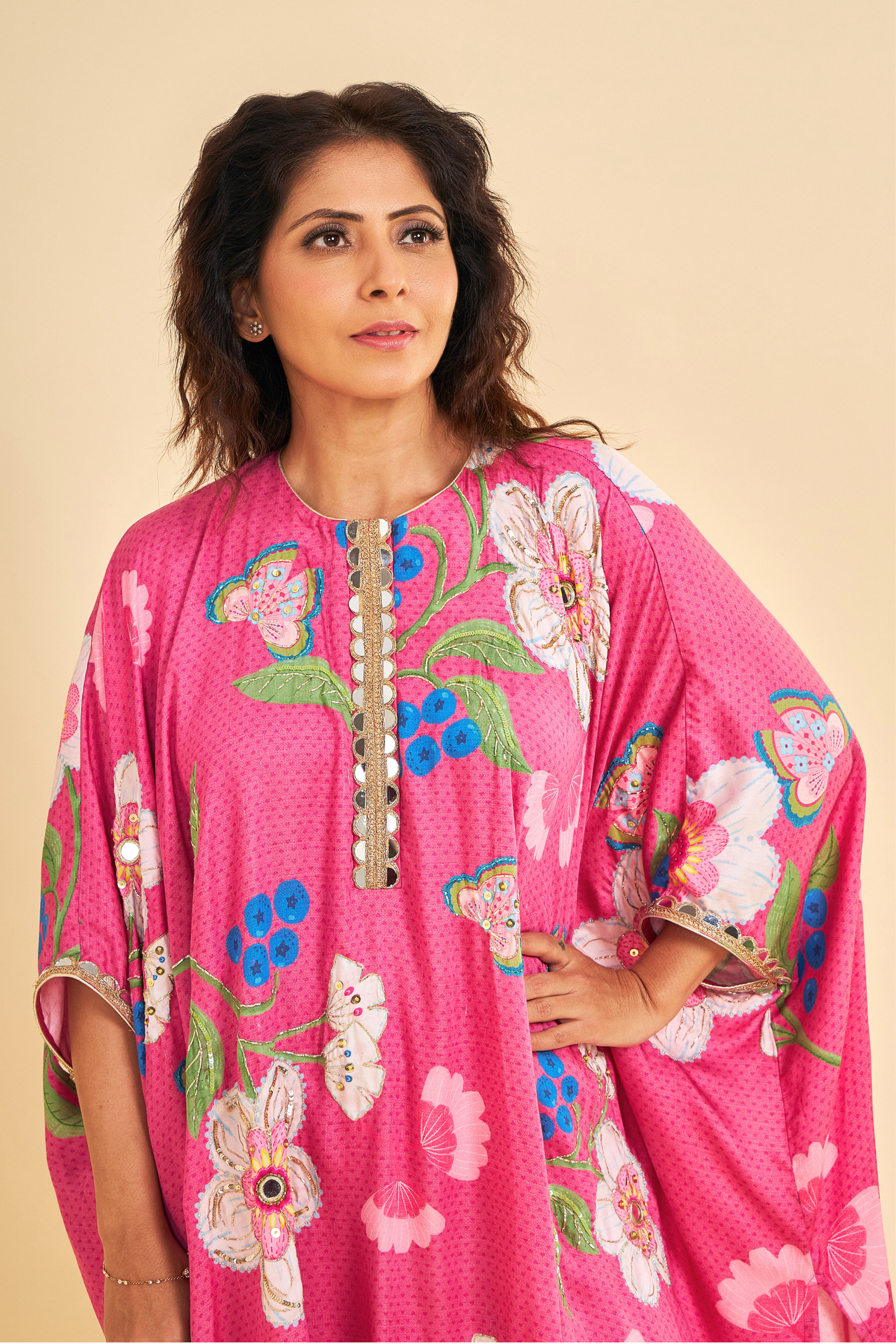 Rumi Plum Embroidered Ladies Kaftan With Tulip Trousers ( Set of 2 Pcs)