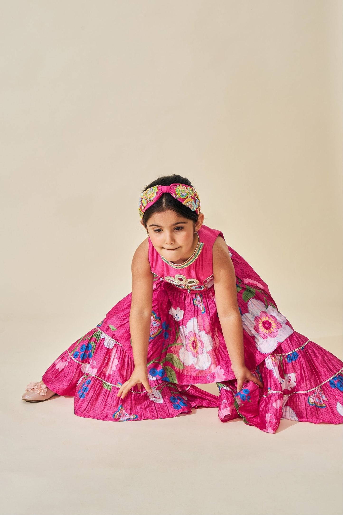 Rumi Plum Girls Embellished Long Top & Sharara ( Set Of 2pcs)