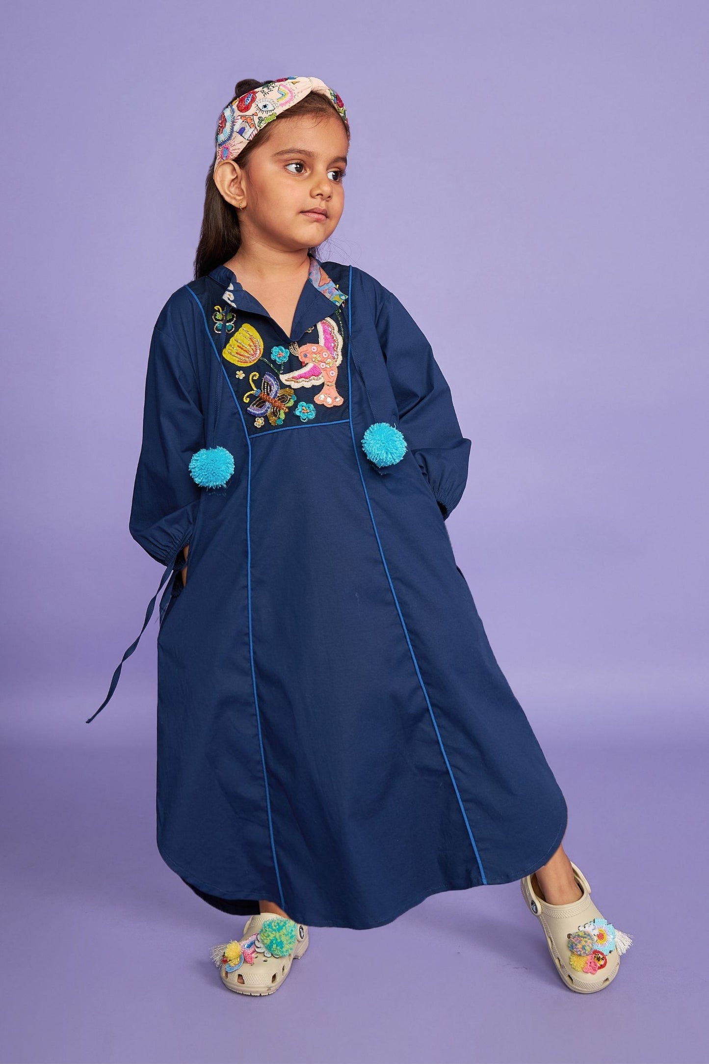 Mad Maze Hand Embroidered Kids Blue Cotton LONG Dress