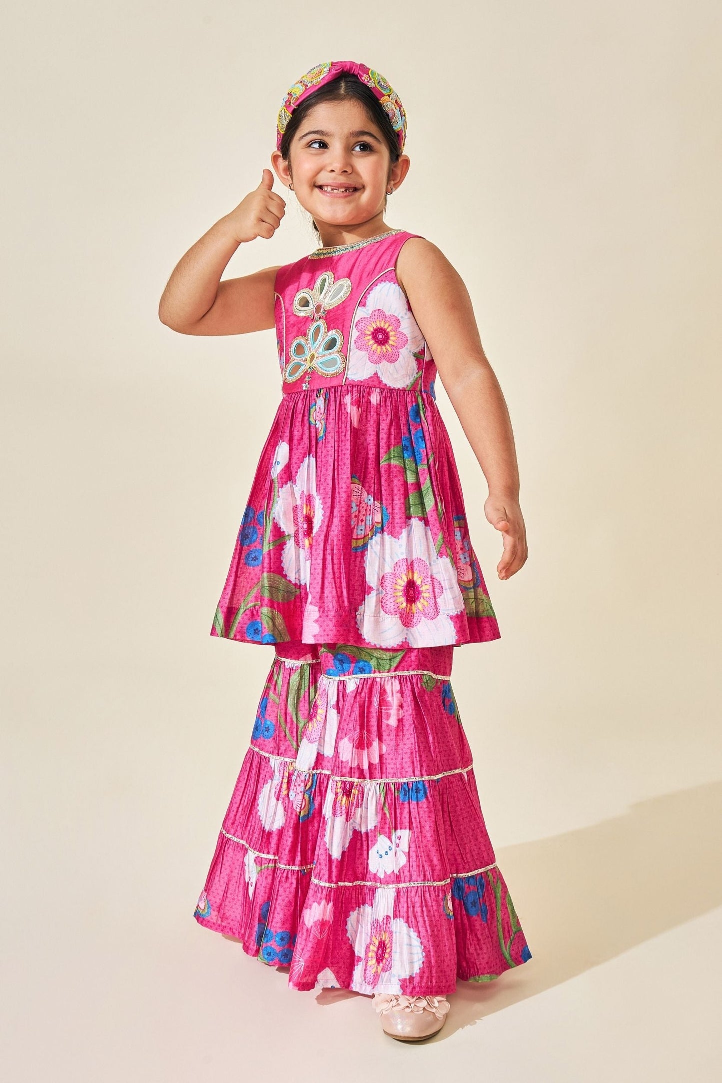 Rumi Plum Girls Embellished Long Top & Sharara ( Set Of 2pcs)