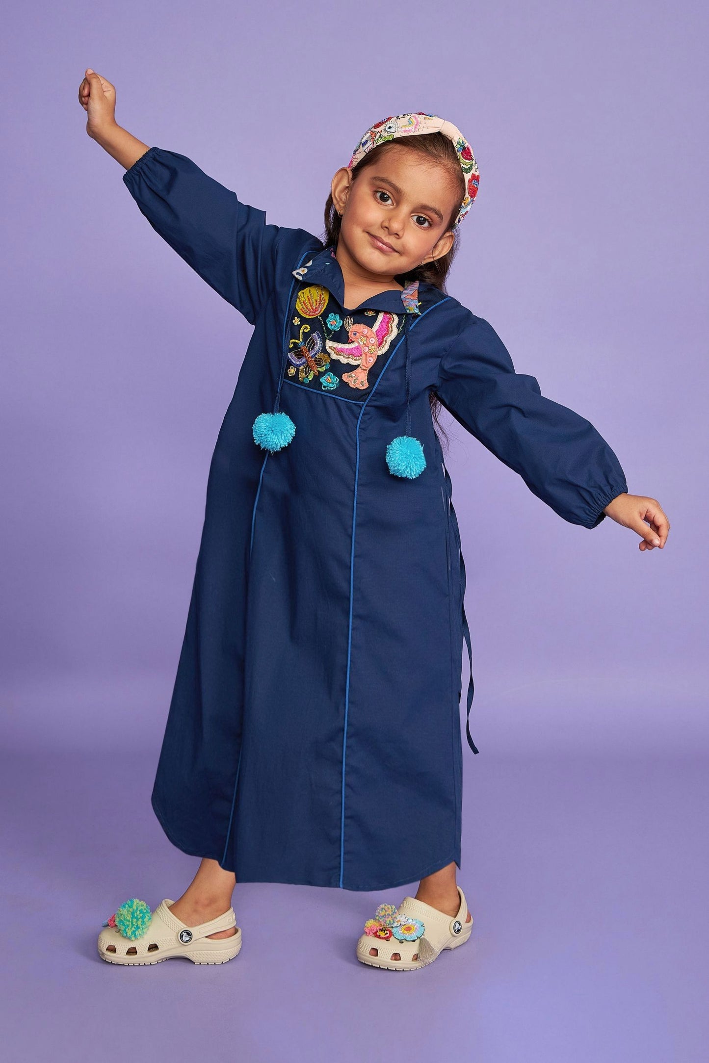 Mad Maze Hand Embroidered Kids Blue Cotton LONG Dress
