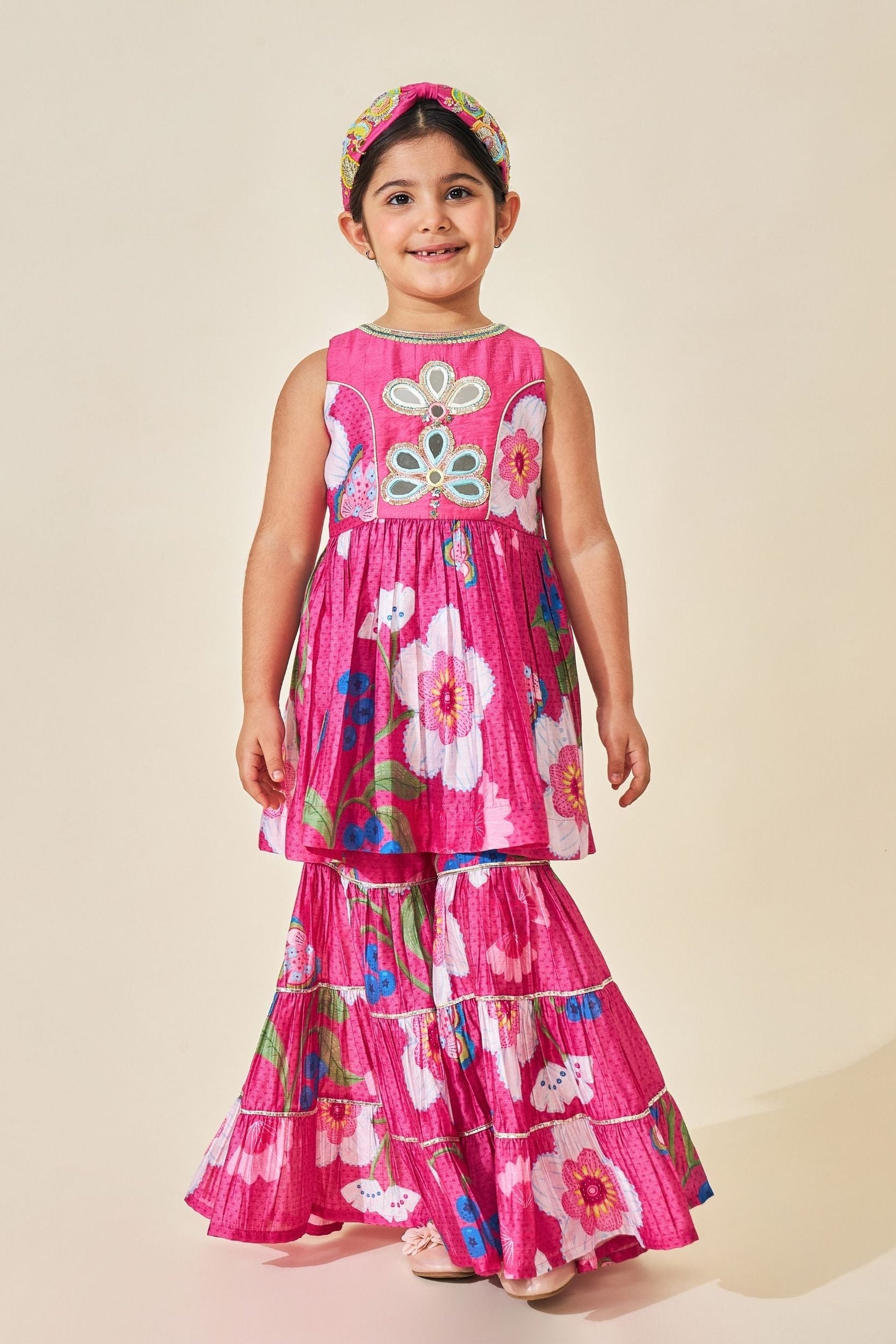 Rumi Plum Girls Embellished Long Top & Sharara ( Set Of 2pcs)