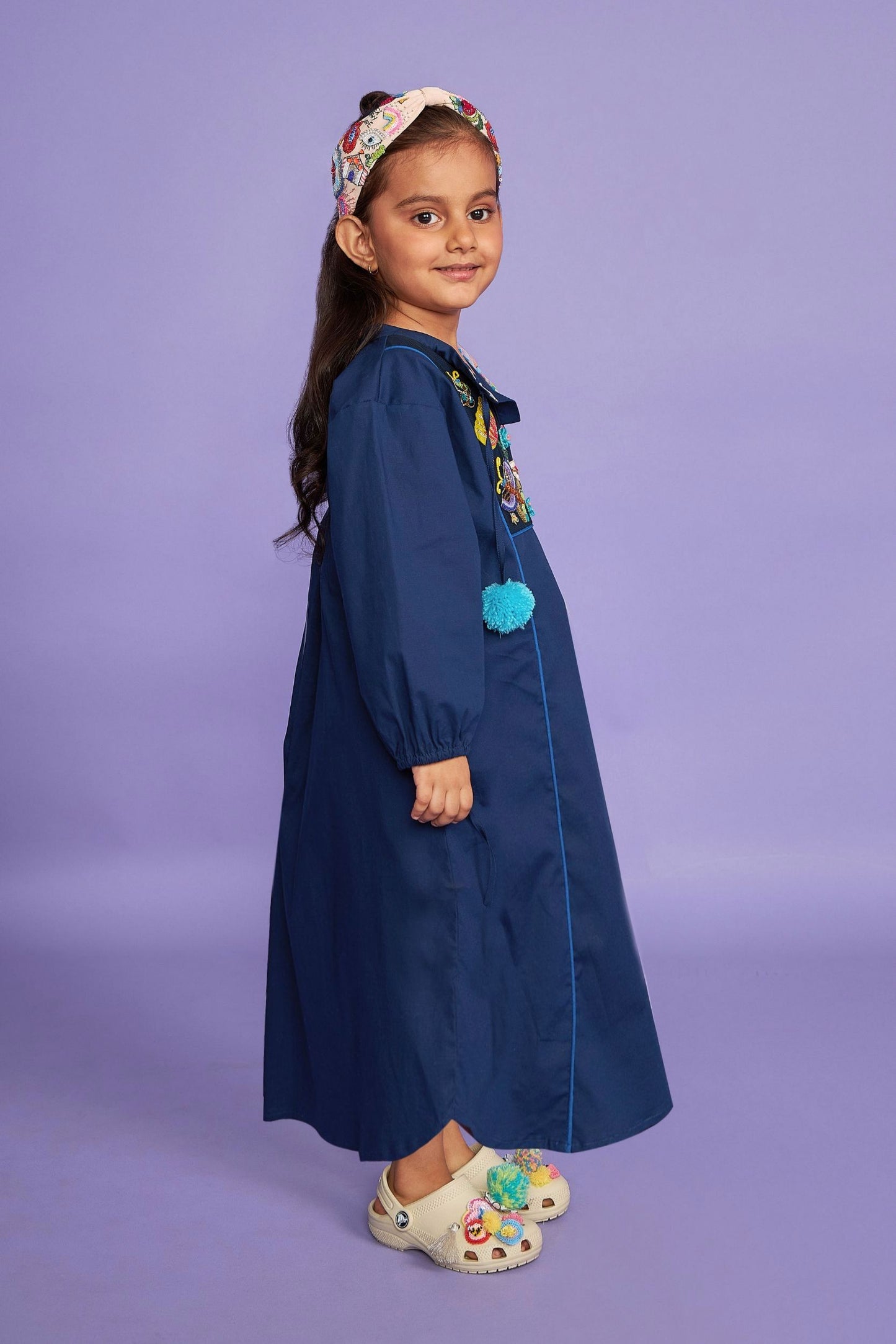 Mad Maze Hand Embroidered Kids Blue Cotton LONG Dress