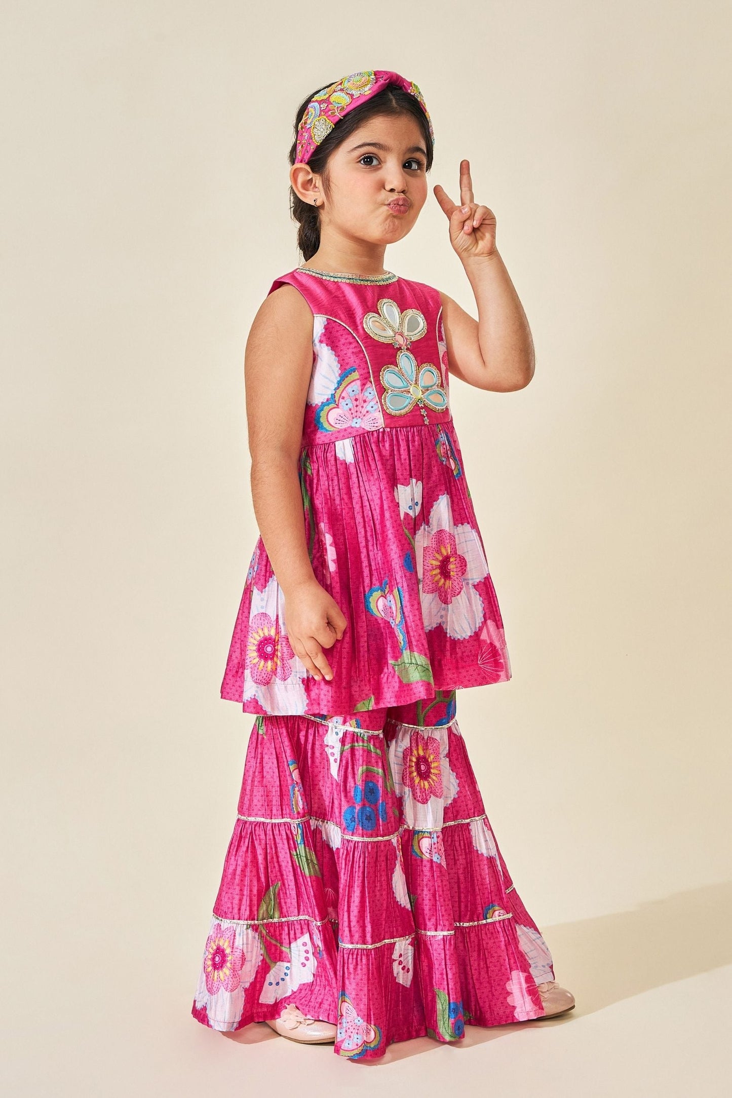 Rumi Plum Girls Embellished Long Top & Sharara ( Set Of 2pcs)