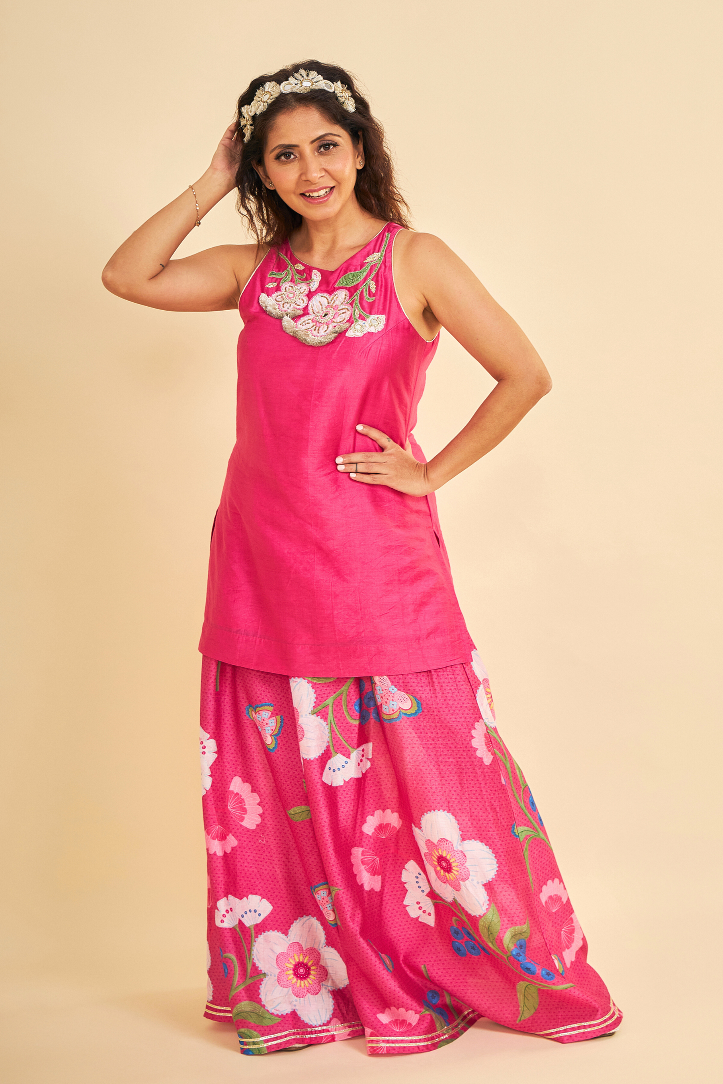 Rumi Plum Embroidered Ladies Tunic With Wide Leg Trousers ( Set of 3 Pcs)