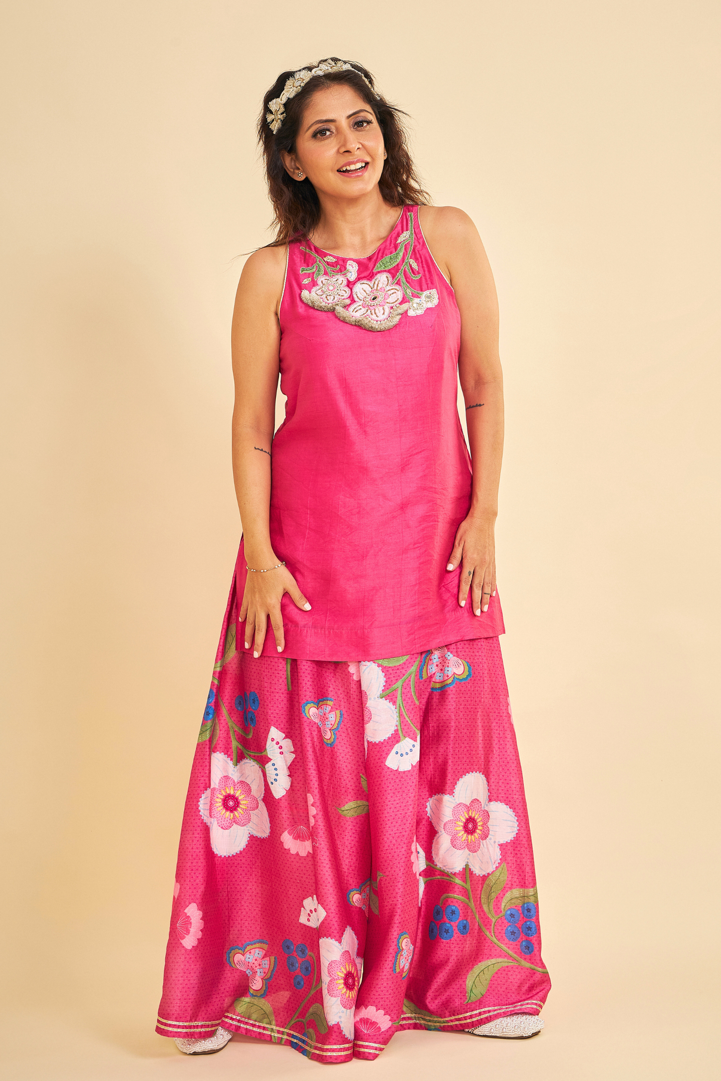 Rumi Plum Embroidered Ladies Tunic With Wide Leg Trousers ( Set of 3 Pcs)
