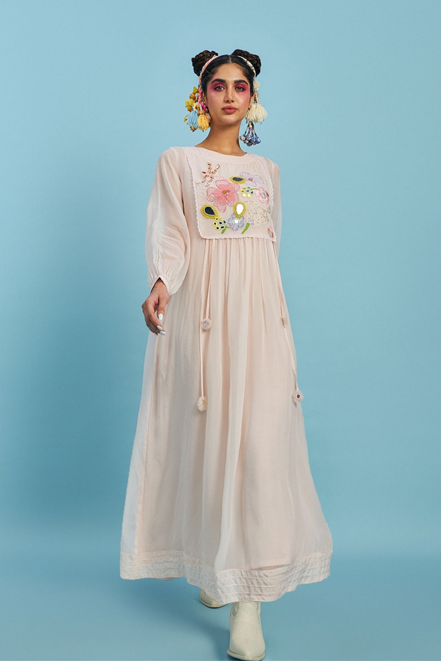 Mirror Yoke Peach Organza embellished Ladies Long Dress