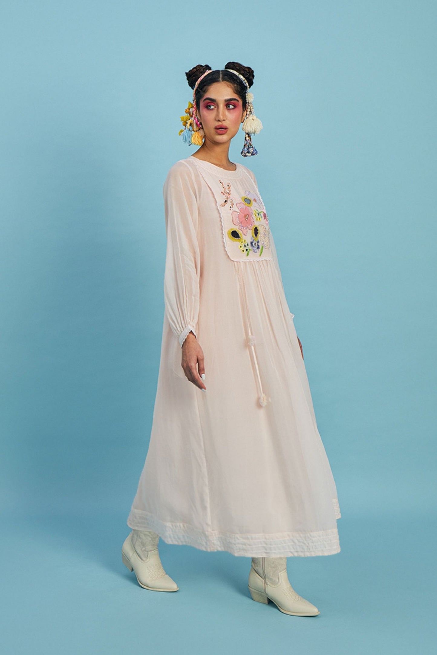 Mirror Yoke Peach Organza embellished Ladies Long Dress