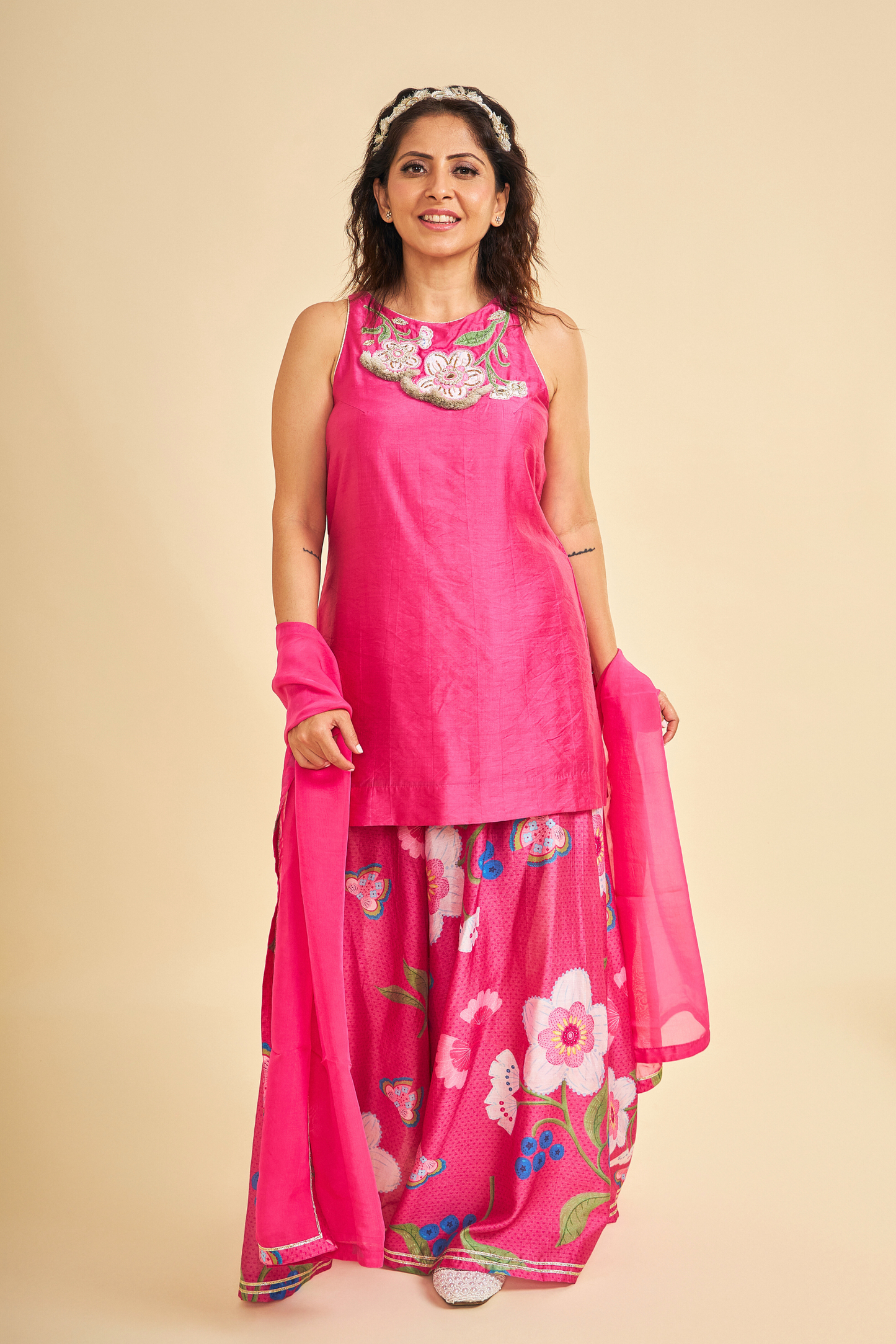 Rumi Plum Embroidered Ladies Tunic With Wide Leg Trousers ( Set of 3 Pcs)
