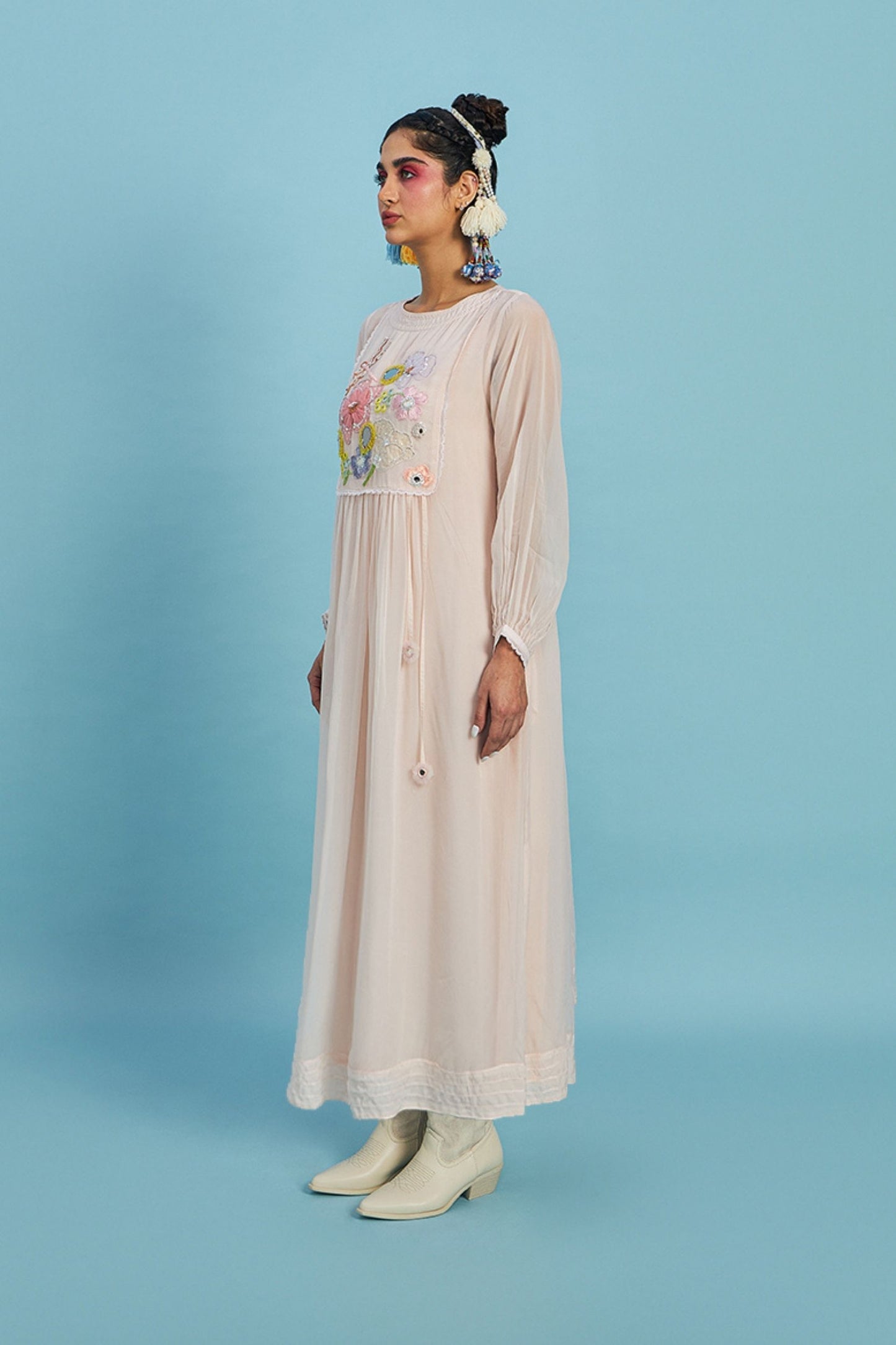 Mirror Yoke Peach Organza embellished Ladies Long Dress