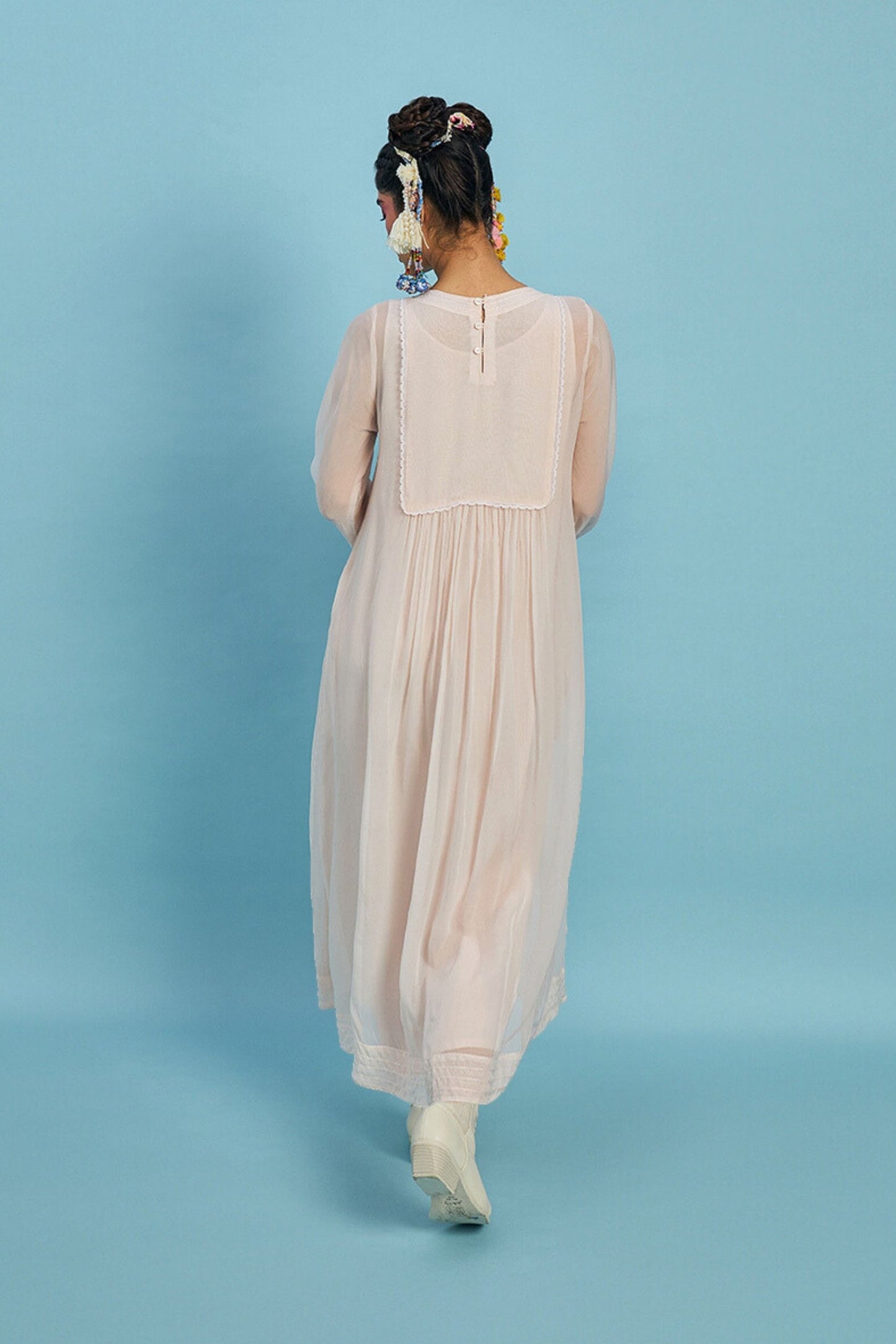Mirror Yoke Peach Organza embellished Ladies Long Dress