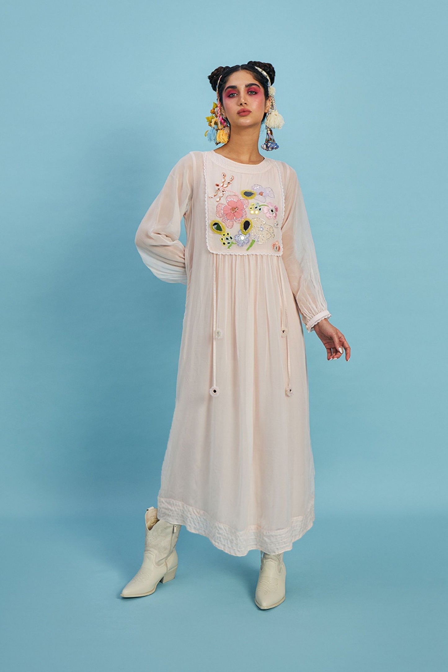 Mirror Yoke Peach Organza embellished Ladies Long Dress