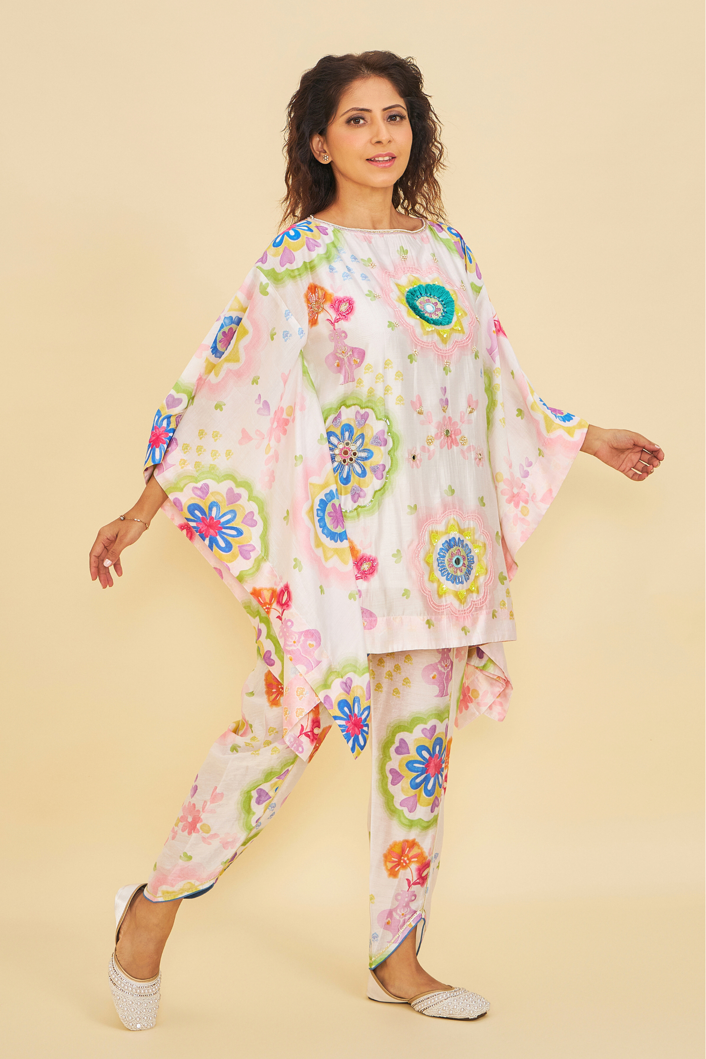 Mae Embroidered Ladies Kaftan With Tulip Trousers ( Set of 2 Pcs)