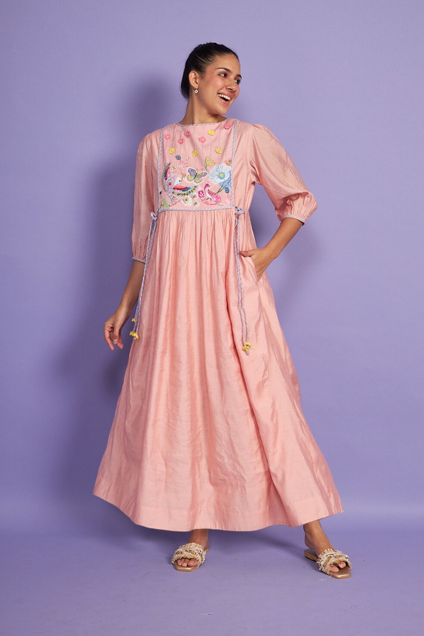 Sparrow pink embroidered yoke Women Long Dress + Sparrow Pink Girls Long dress