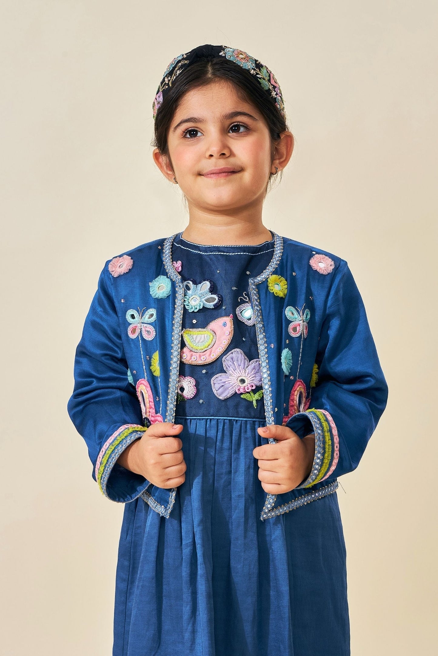 Flora Blue Girls Embellished Jacket- 1 Pc