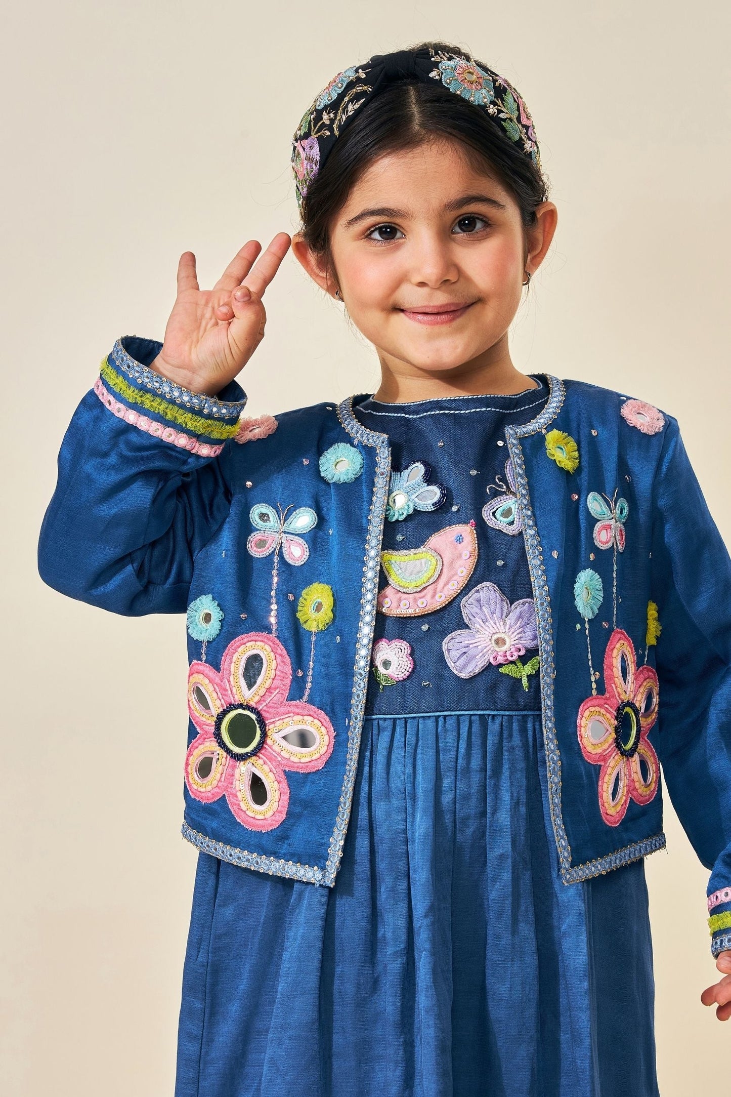 Flora Blue Girls Embellished Jacket- 1 Pc