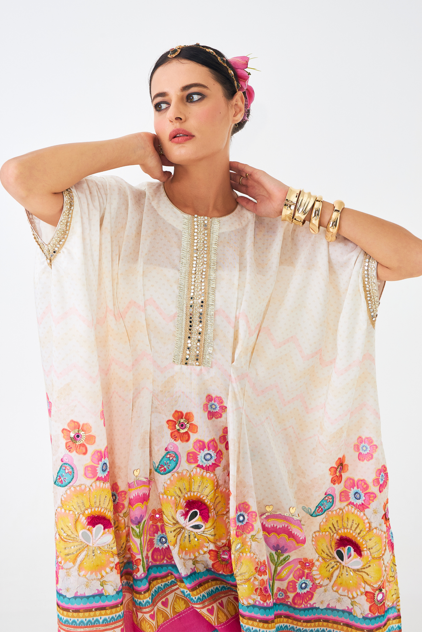 Freya Mustard Ladies Embroidered Tunic With Tulip Trousers ( Set of 2 Pcs)