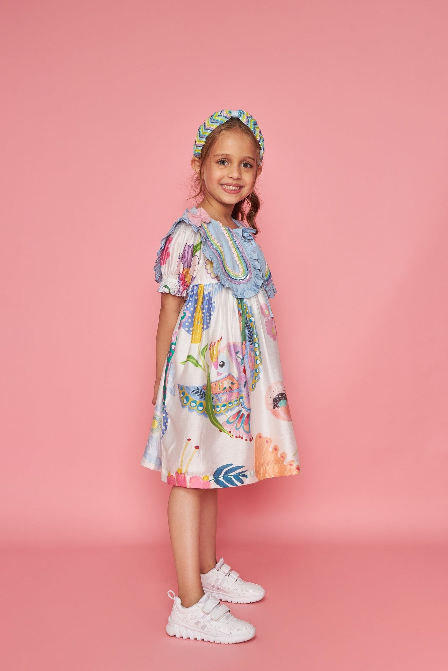 Jane Bow Collar White Kids Embellished Dress Blooma