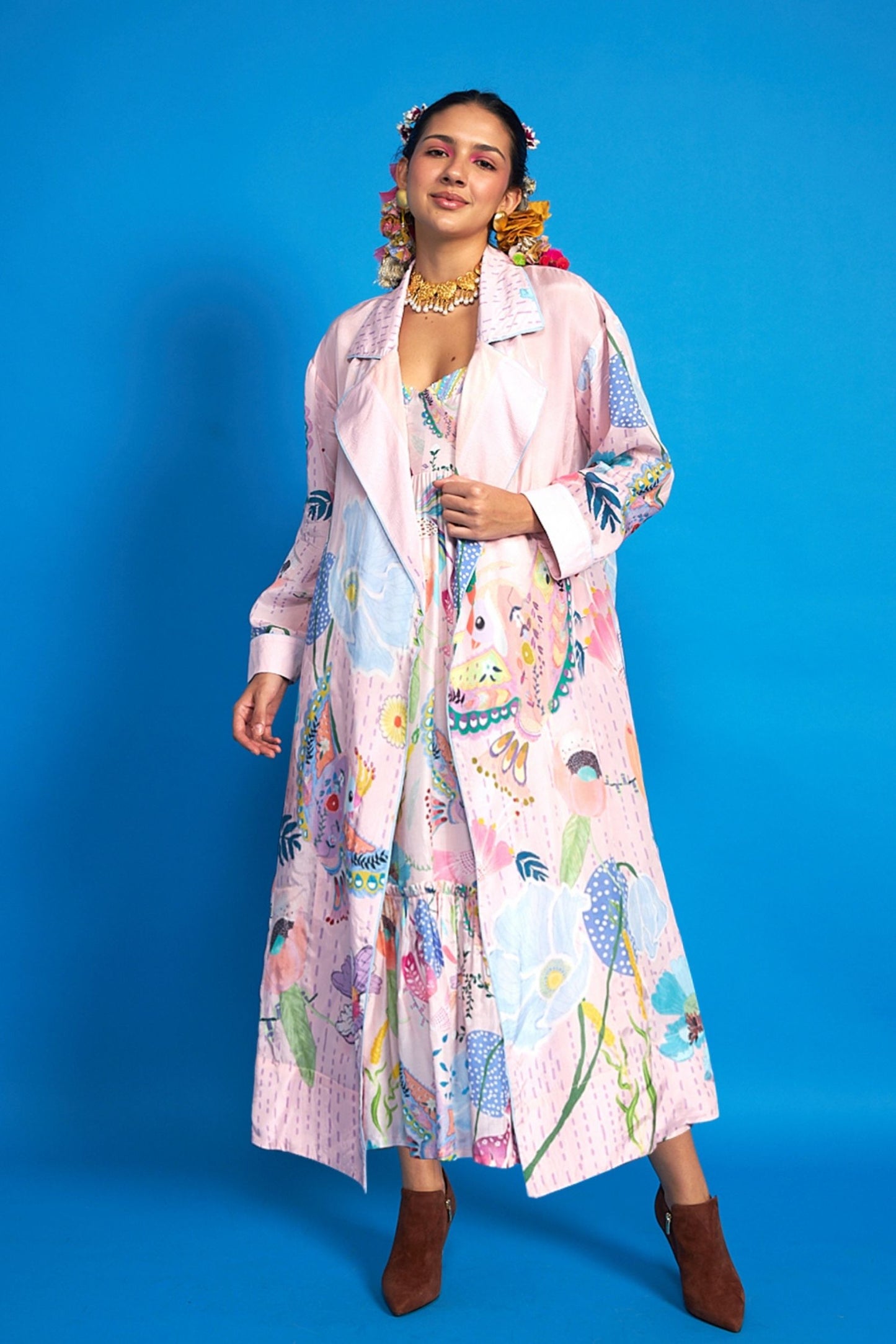 Sparrow Pink Ladies Long Coat and Bustier Dress (2 Pc Set) + Tweet Pink Collar Girls Long Dress