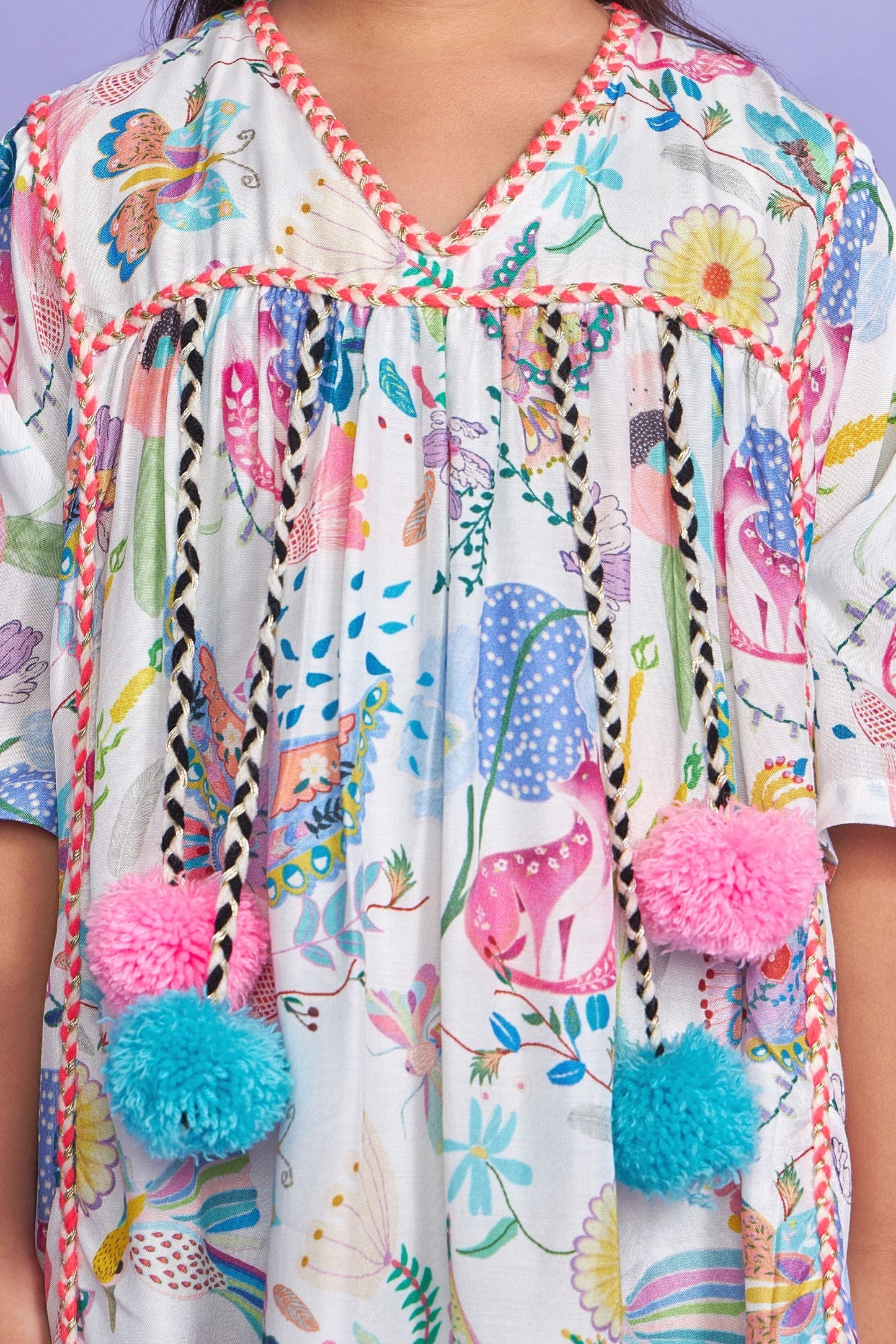 Pompom White Girls Kaftan Long Dress
