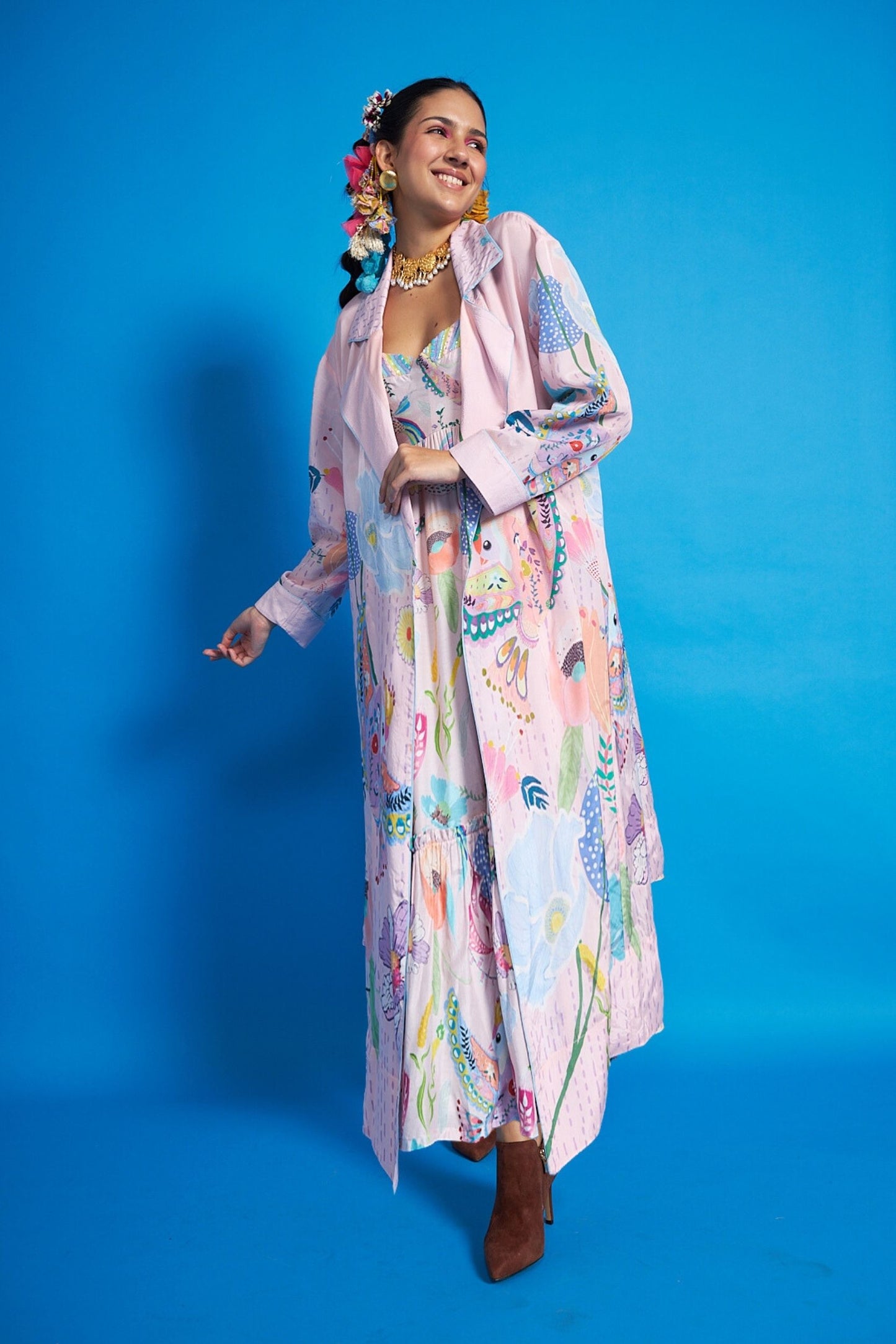 Sparrow Pink Ladies Long Coat and Bustier Dress (2 Pc Set) + Tweet Pink Collar Girls Long Dress