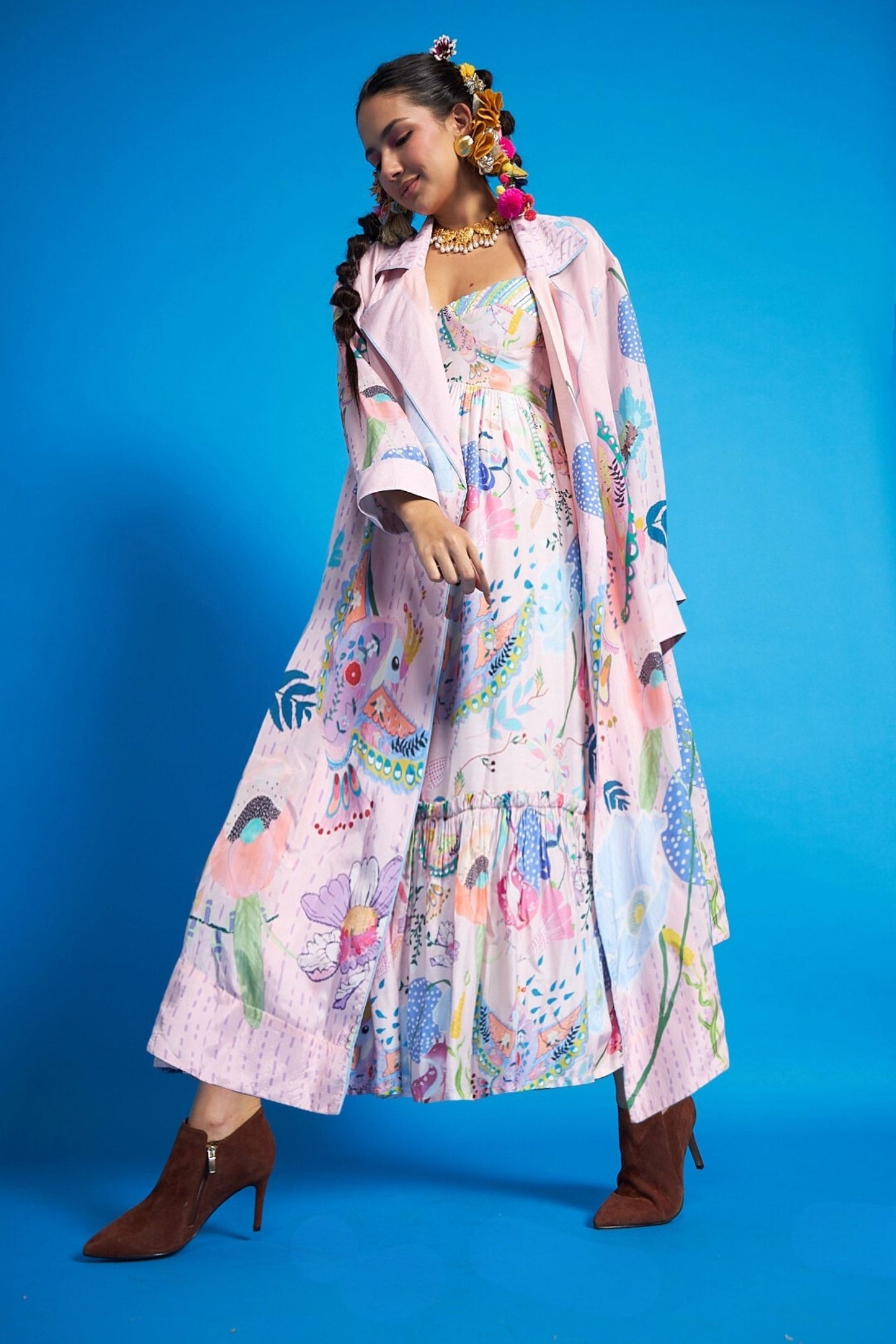 Sparrow Pink Ladies Long Coat and Bustier Dress (2 Pc Set) + Tweet Pink Collar Girls Long Dress