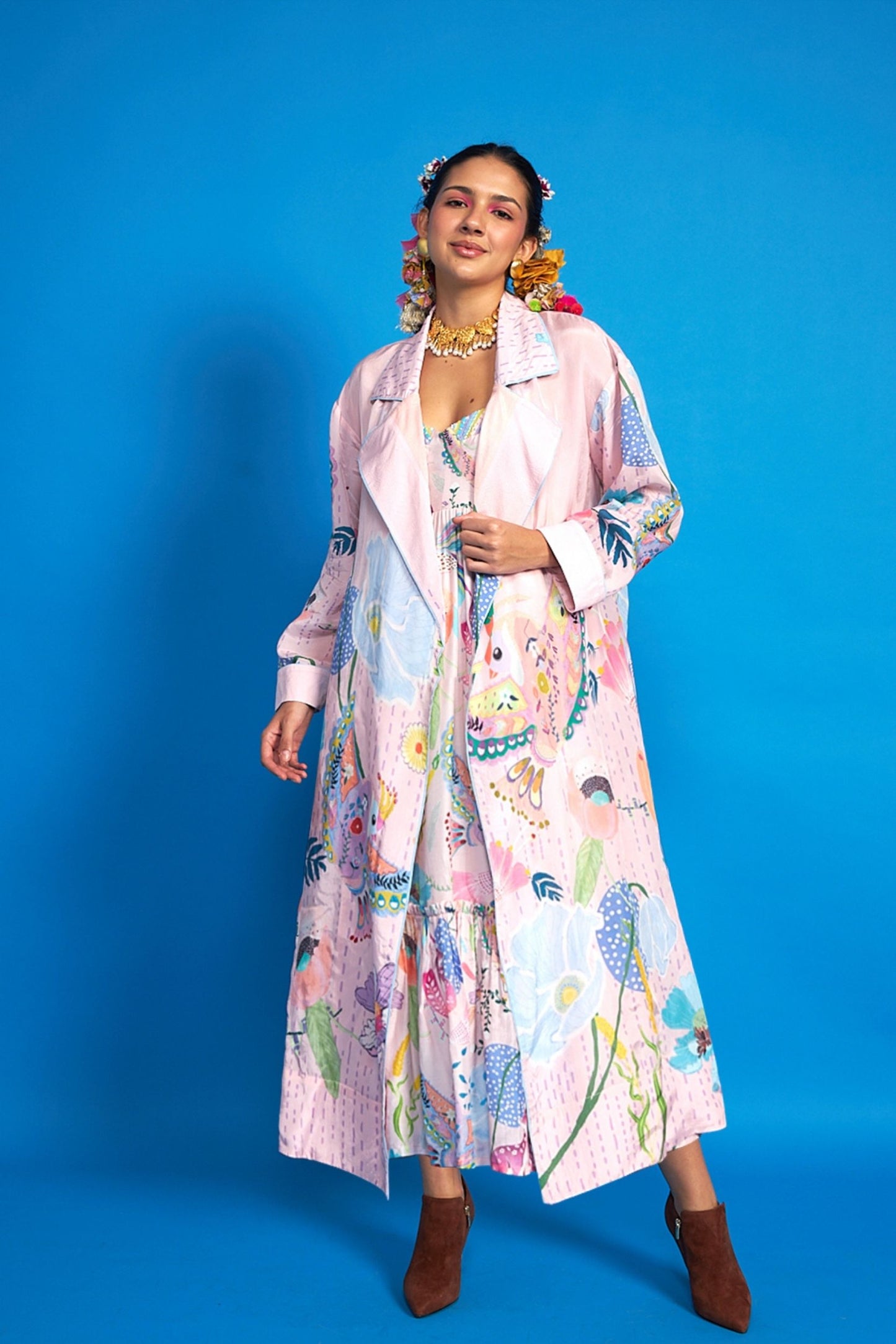 Sparrow Pink Ladies Long Coat and Bustier Dress (2 Pc Set) + Tweet Pink Collar Girls Long Dress