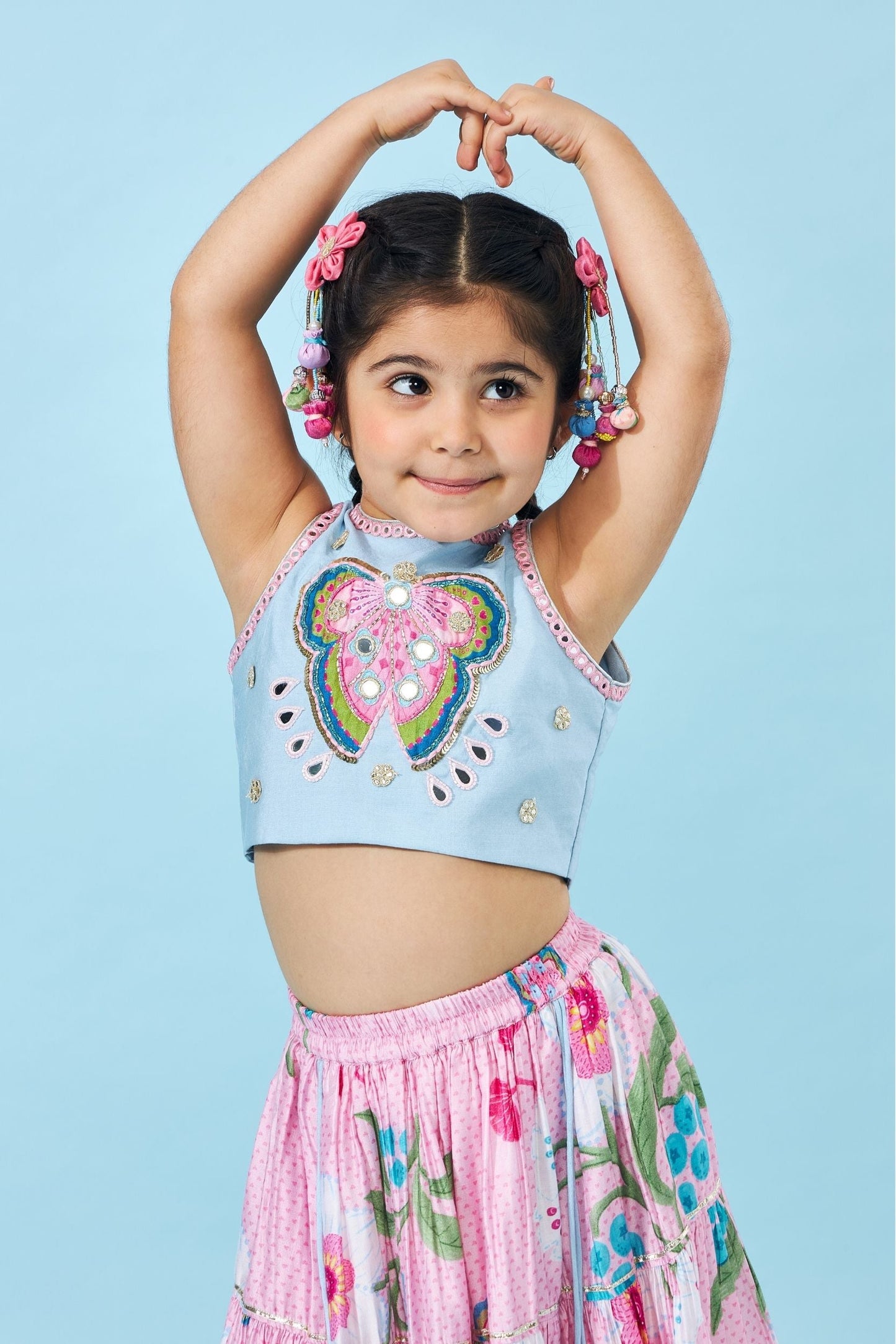 Raya Pink Girls Embellished Crop Top Lehenga With Dupatta ( Set of 3 Pcs)