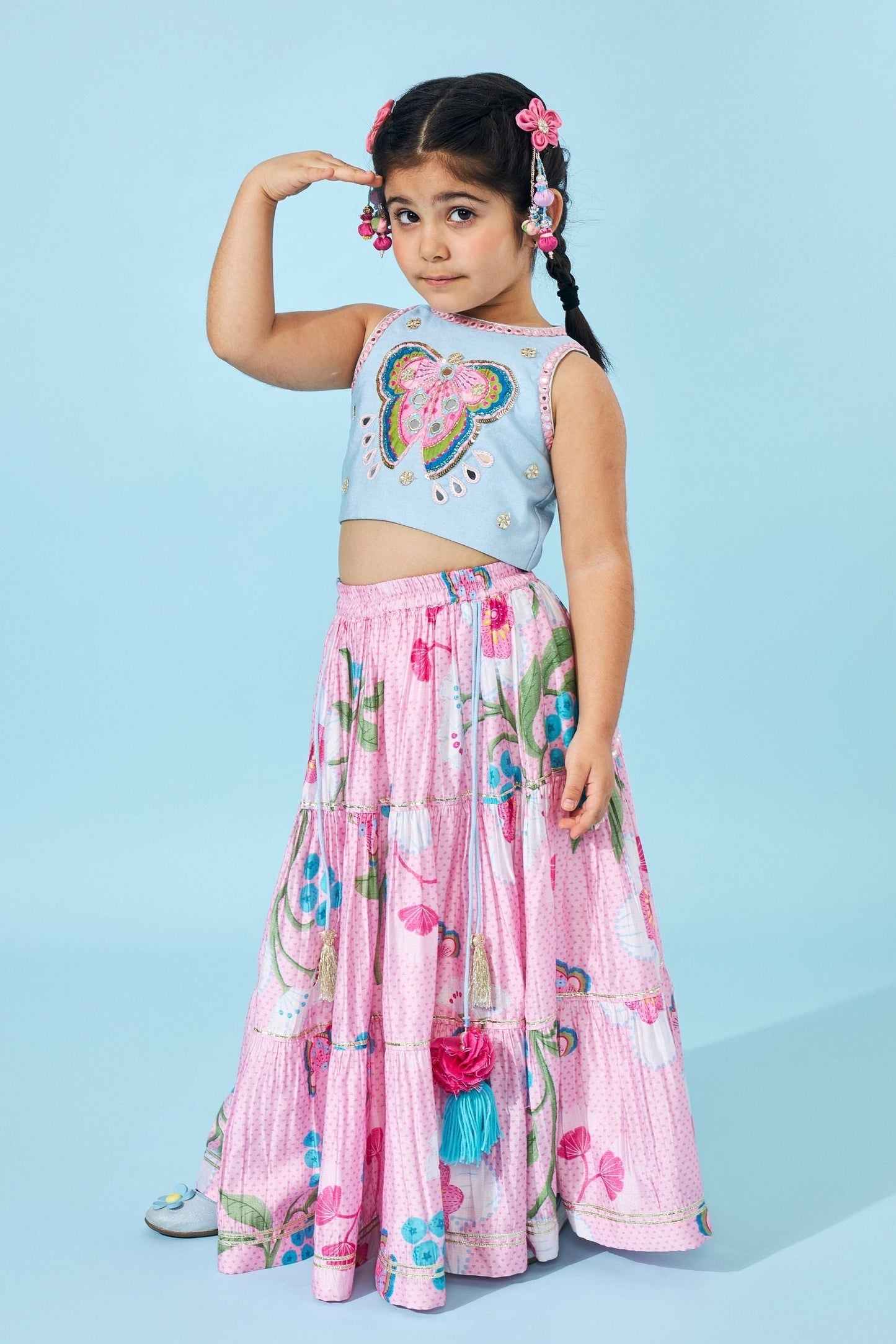 Raya Pink Girls Embellished Crop Top Lehenga With Dupatta ( Set of 3 Pcs)