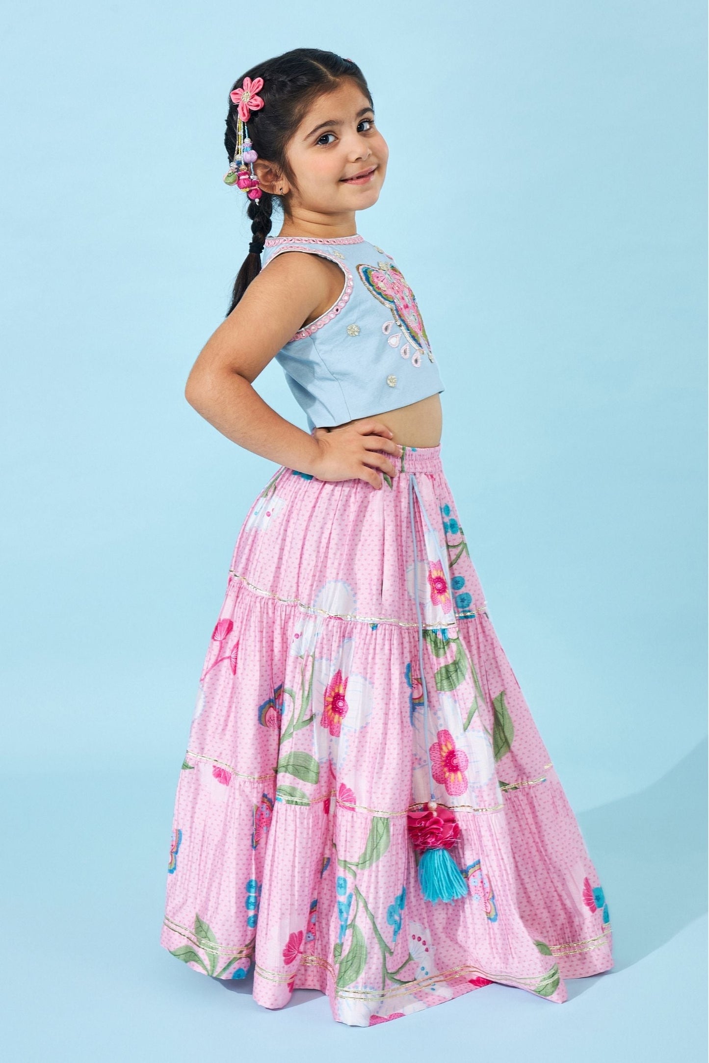 Raya Pink Girls Embellished Crop Top Lehenga With Dupatta ( Set of 3 Pcs)