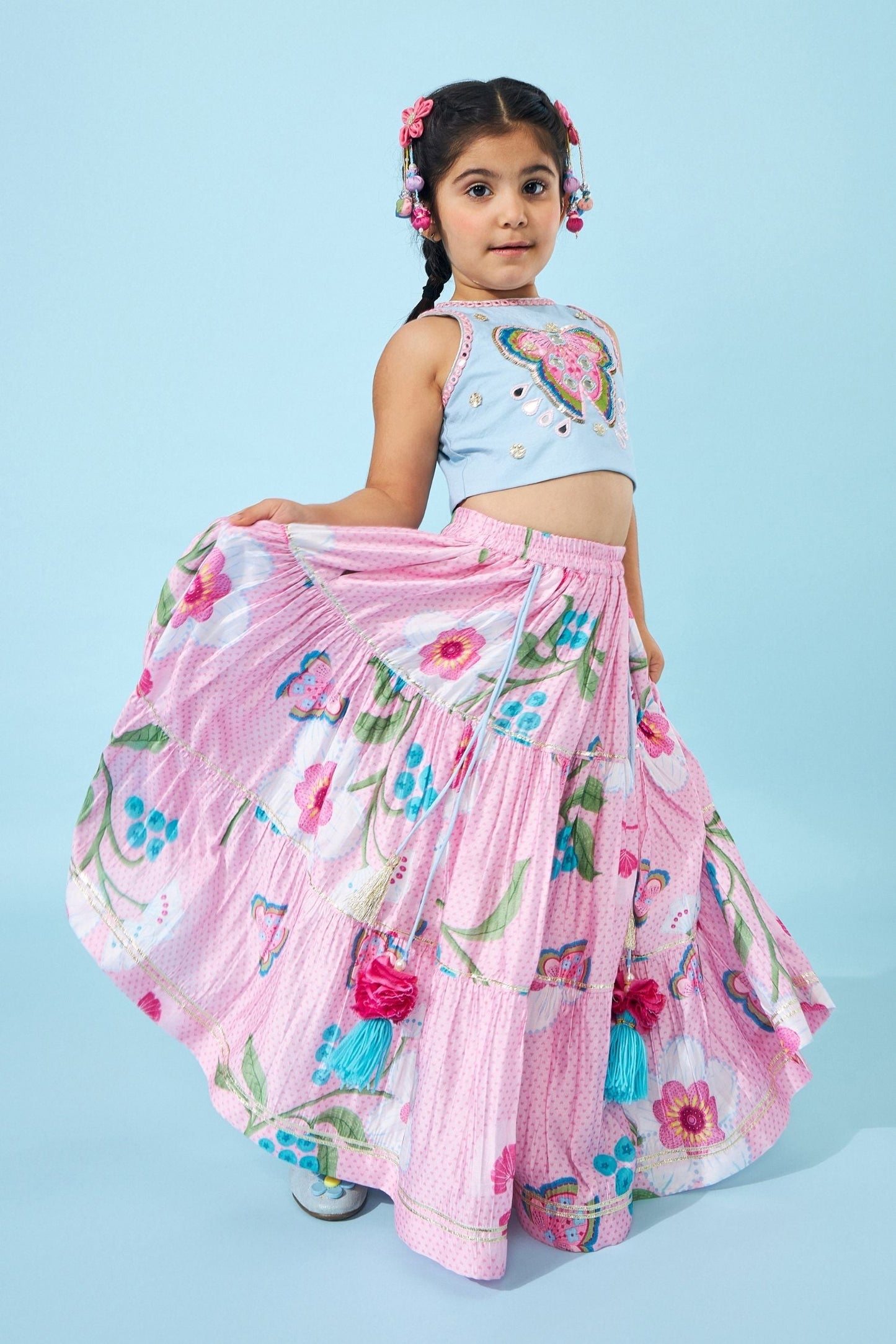 Raya Pink Girls Embellished Crop Top Lehenga With Dupatta ( Set of 3 Pcs)
