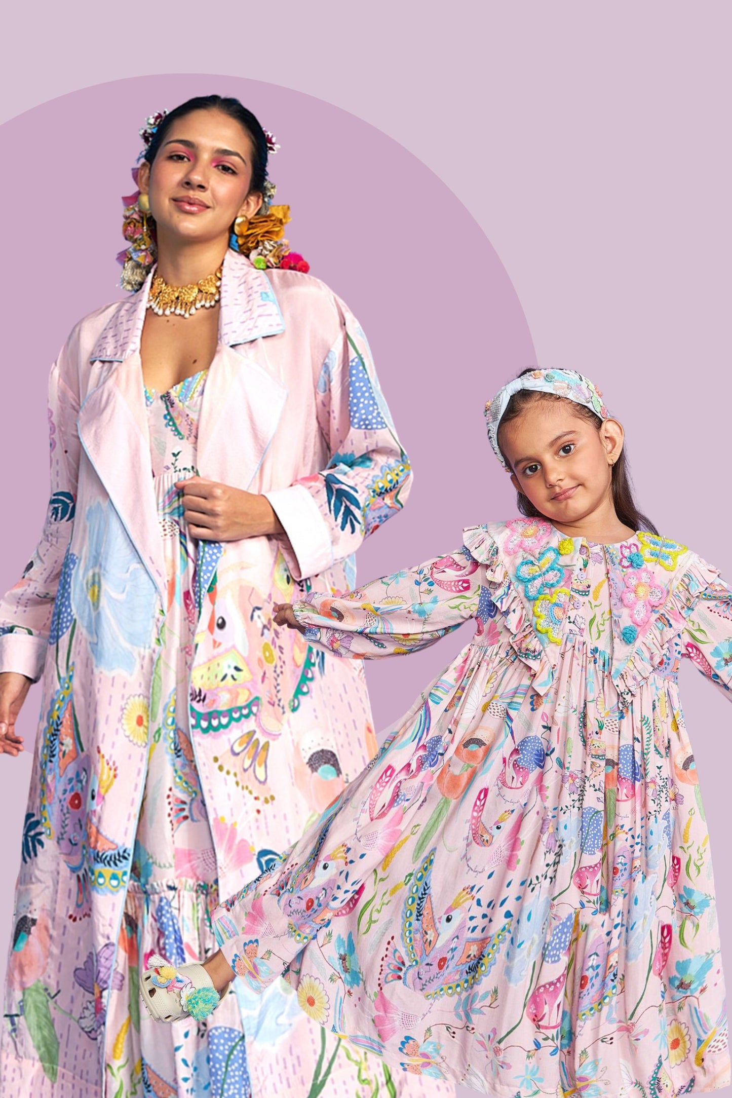 Sparrow Pink Ladies Long Coat and Bustier Dress (2 Pc Set) + Tweet Pink Collar Girls Long Dress
