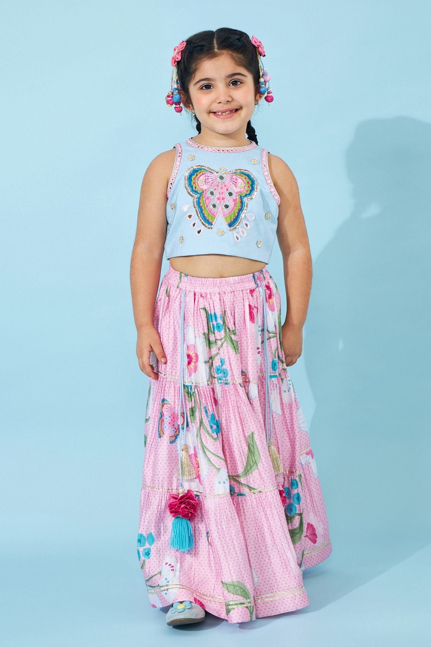 Raya Pink Girls Embellished Crop Top Lehenga With Dupatta ( Set of 3 Pcs)