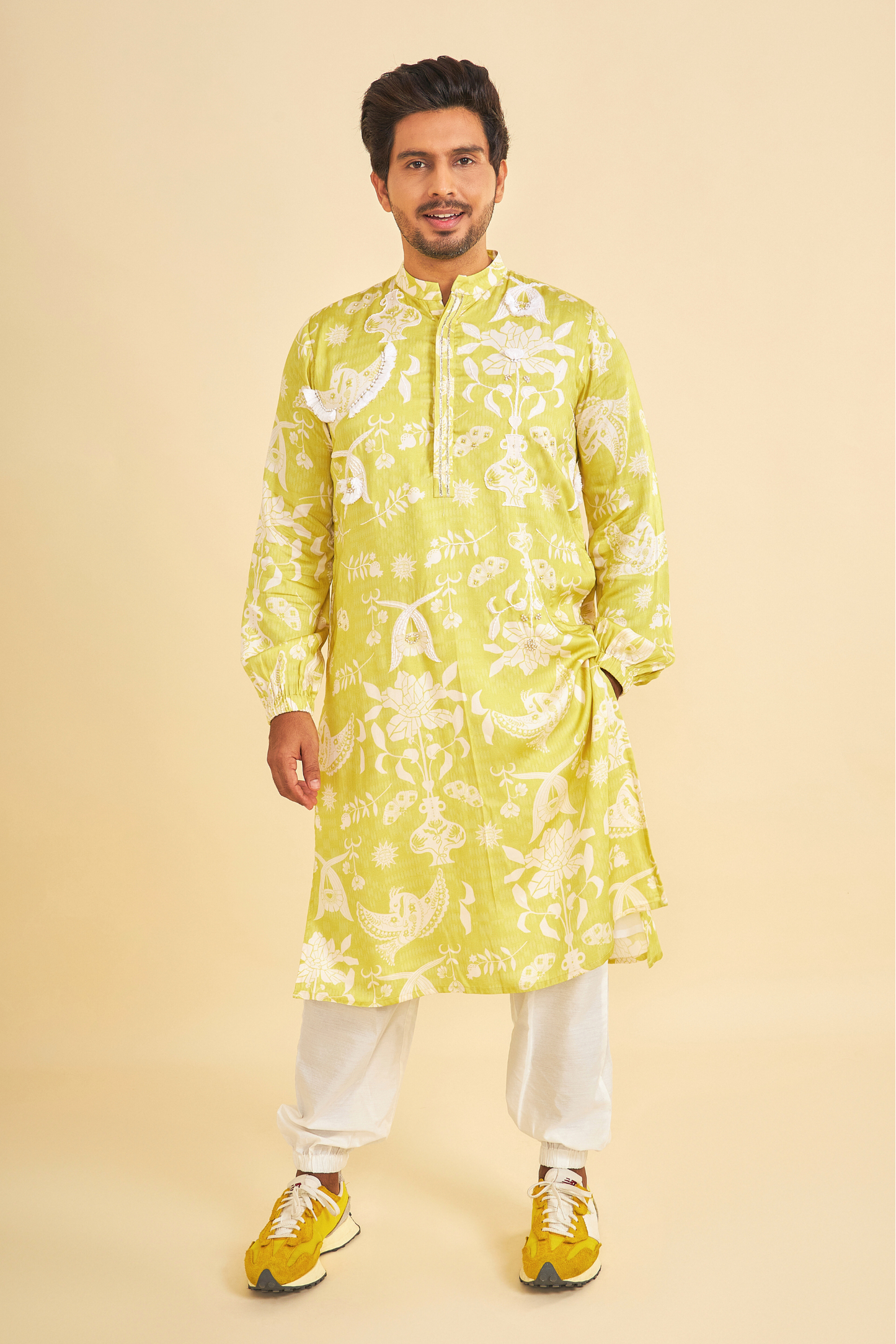 Poppy Yellow Embroidered Men's Kurta and Pant ( Set of 2 Pcs)
