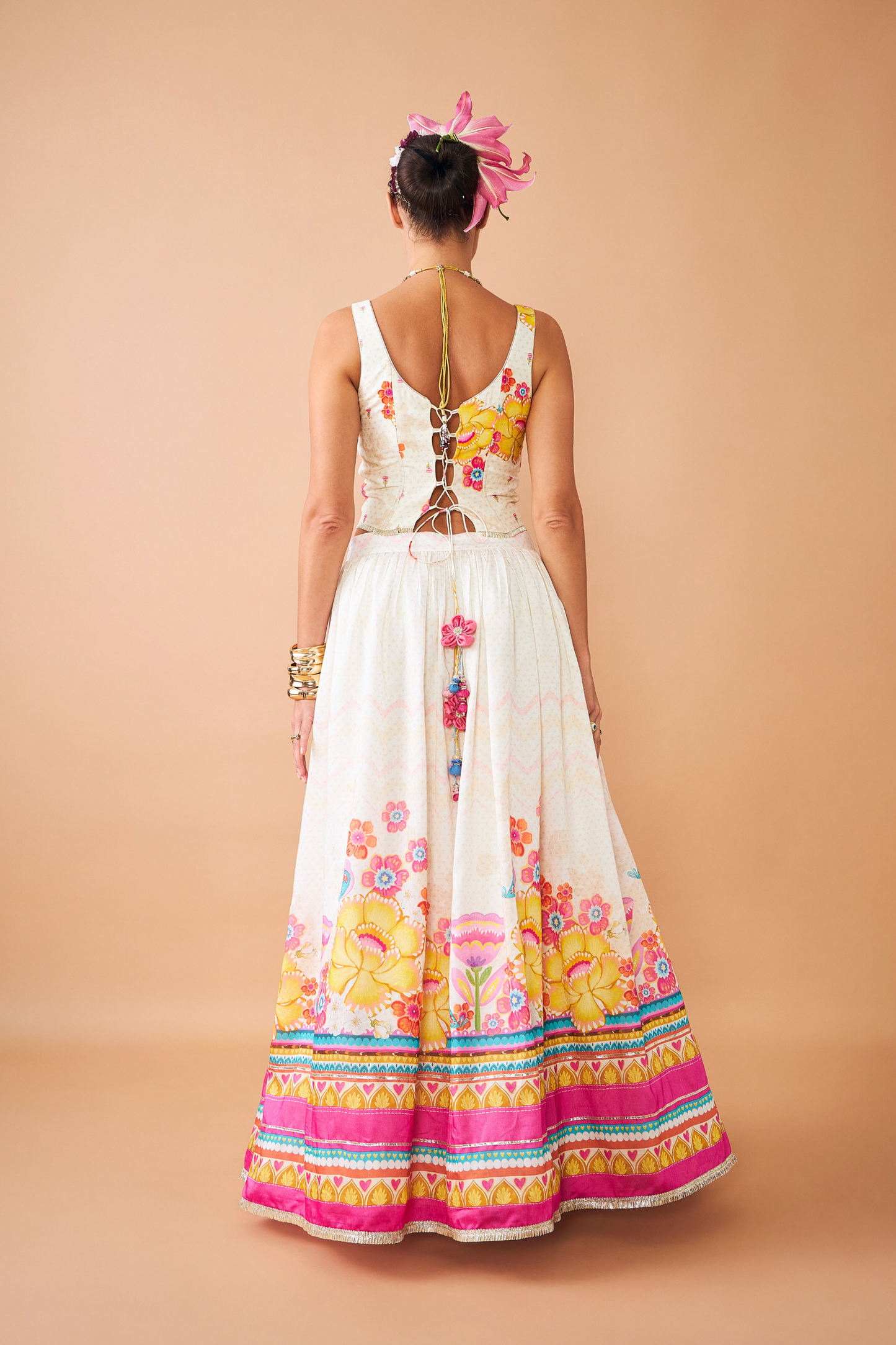 Freya Mustard Ladies Embroidered Corset With Lehenga (Set of 3 Pcs)