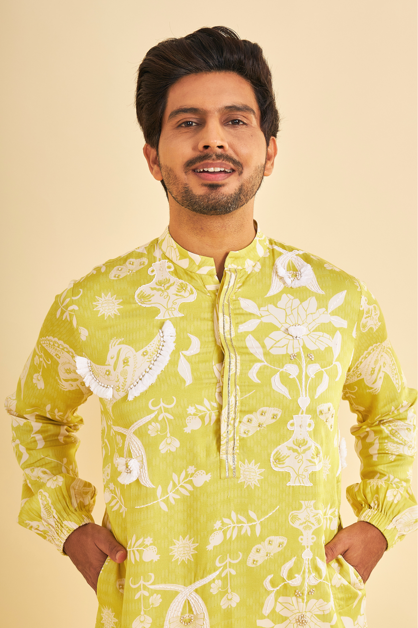 Poppy Yellow Embroidered Men's Kurta and Pant ( Set of 2 Pcs)