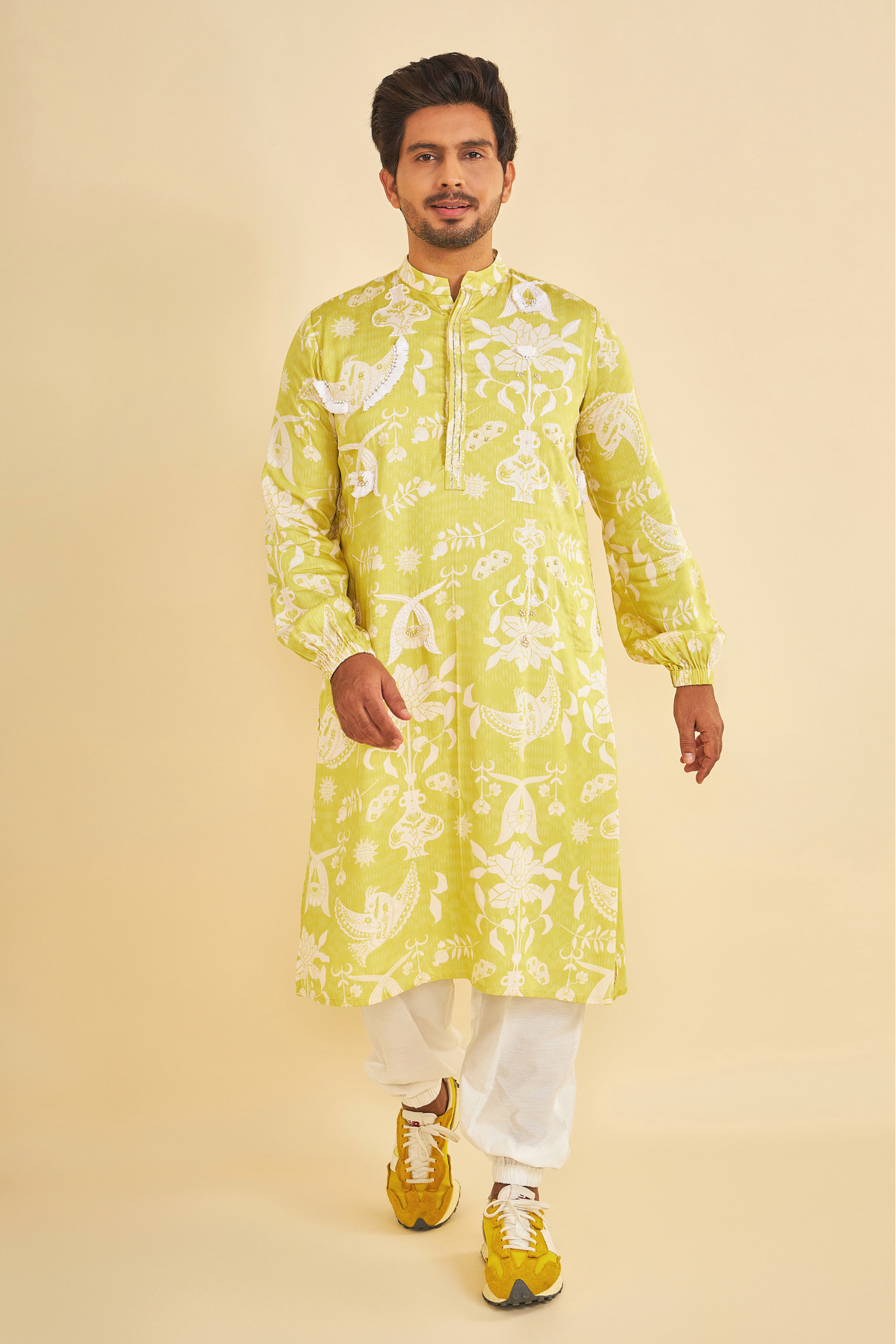 Poppy Yellow Embroidered Men's Kurta and Pant ( Set of 2 Pcs)