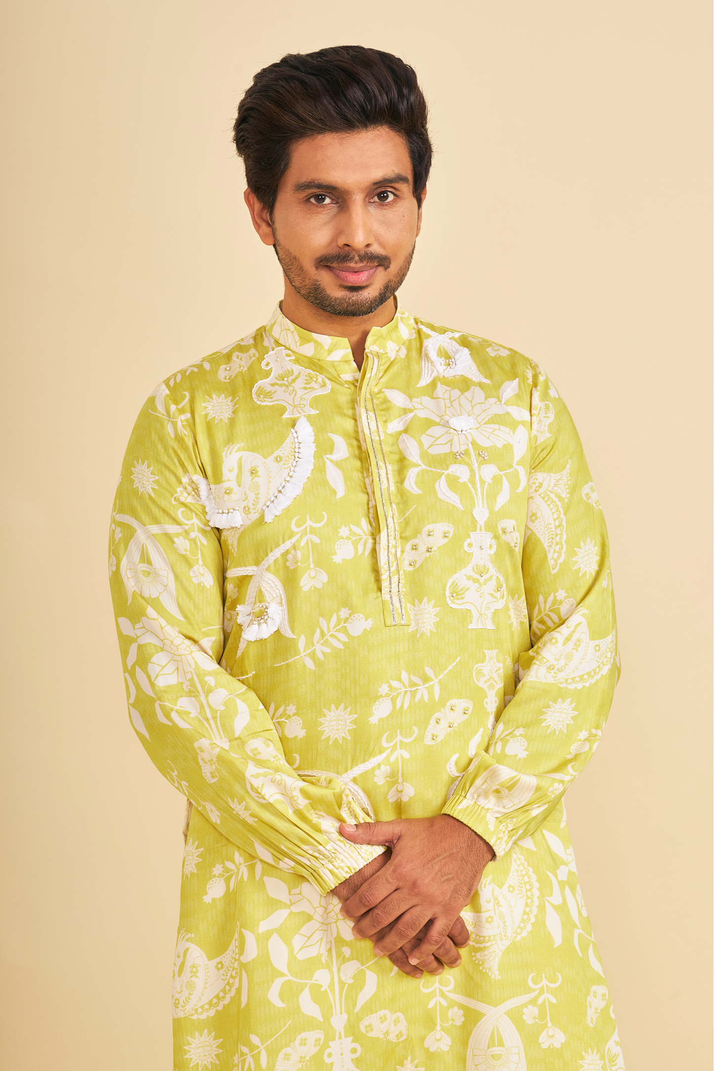 Poppy Yellow Embroidered Men's Kurta and Pant ( Set of 2 Pcs)