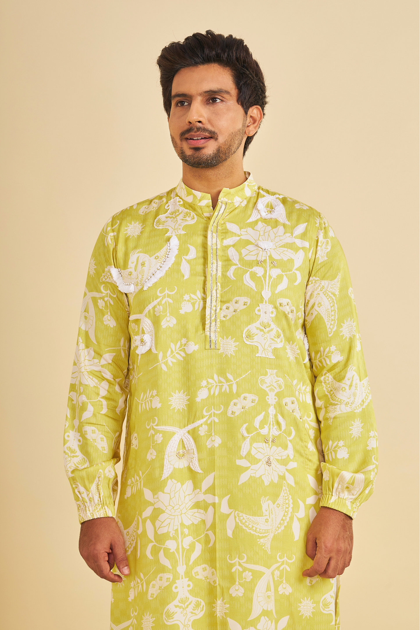Poppy Yellow Embroidered Men's Kurta and Pant ( Set of 2 Pcs)