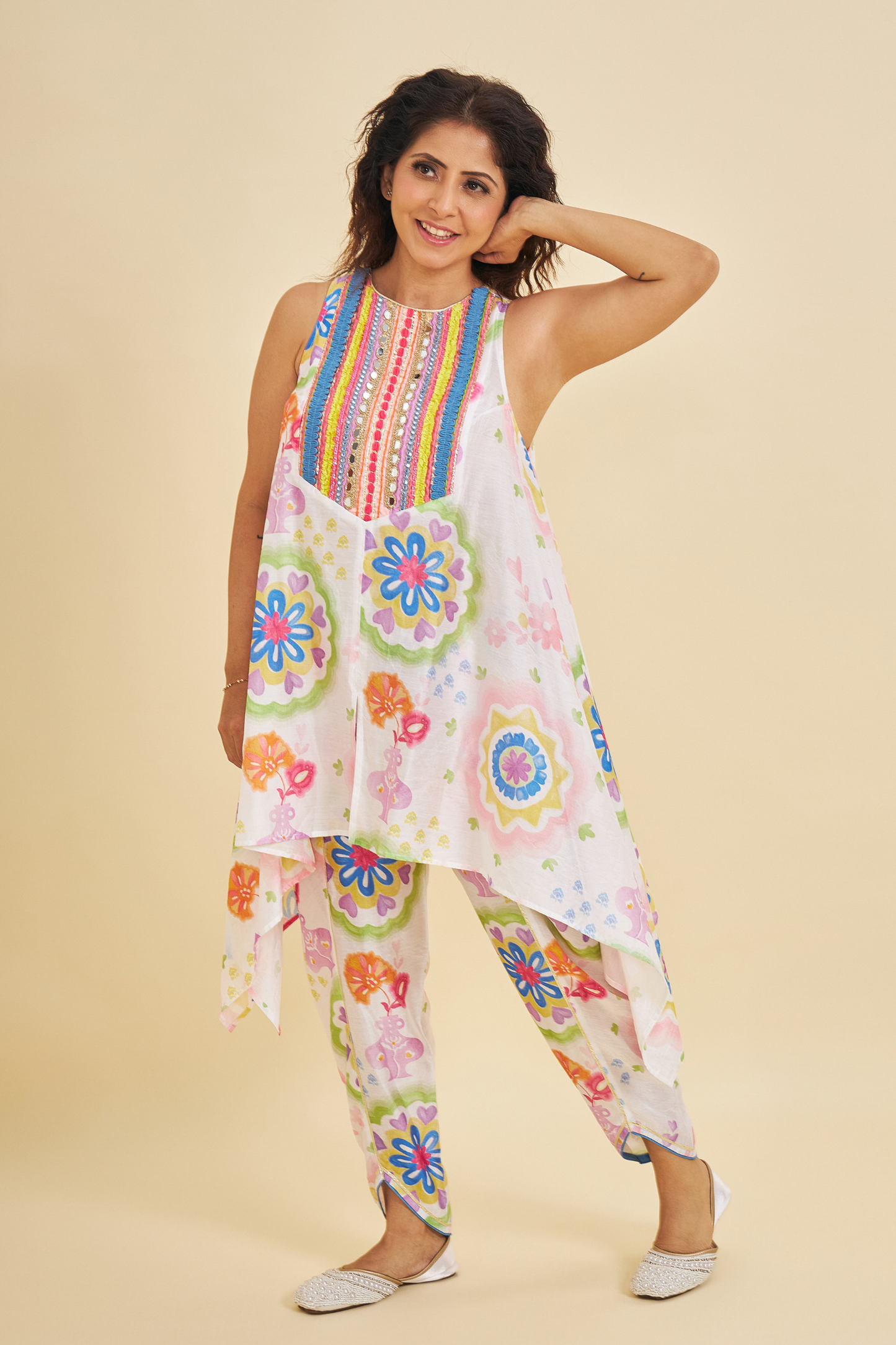 Mae Embroidered Ladies Tunic With Tulip Trousers ( Set of 2 Pcs)