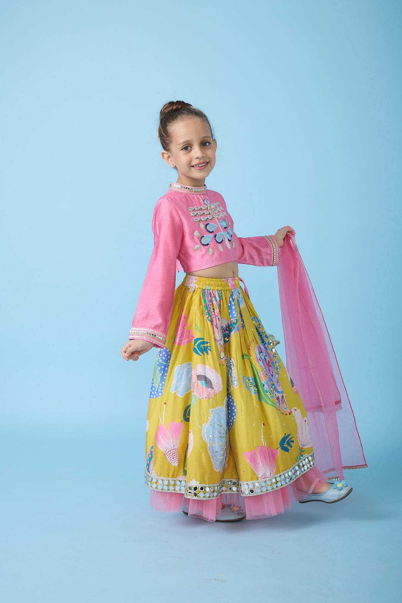 Yellow Bloom Skirt With Embellished Top And Dupatta ( 3 pc set)