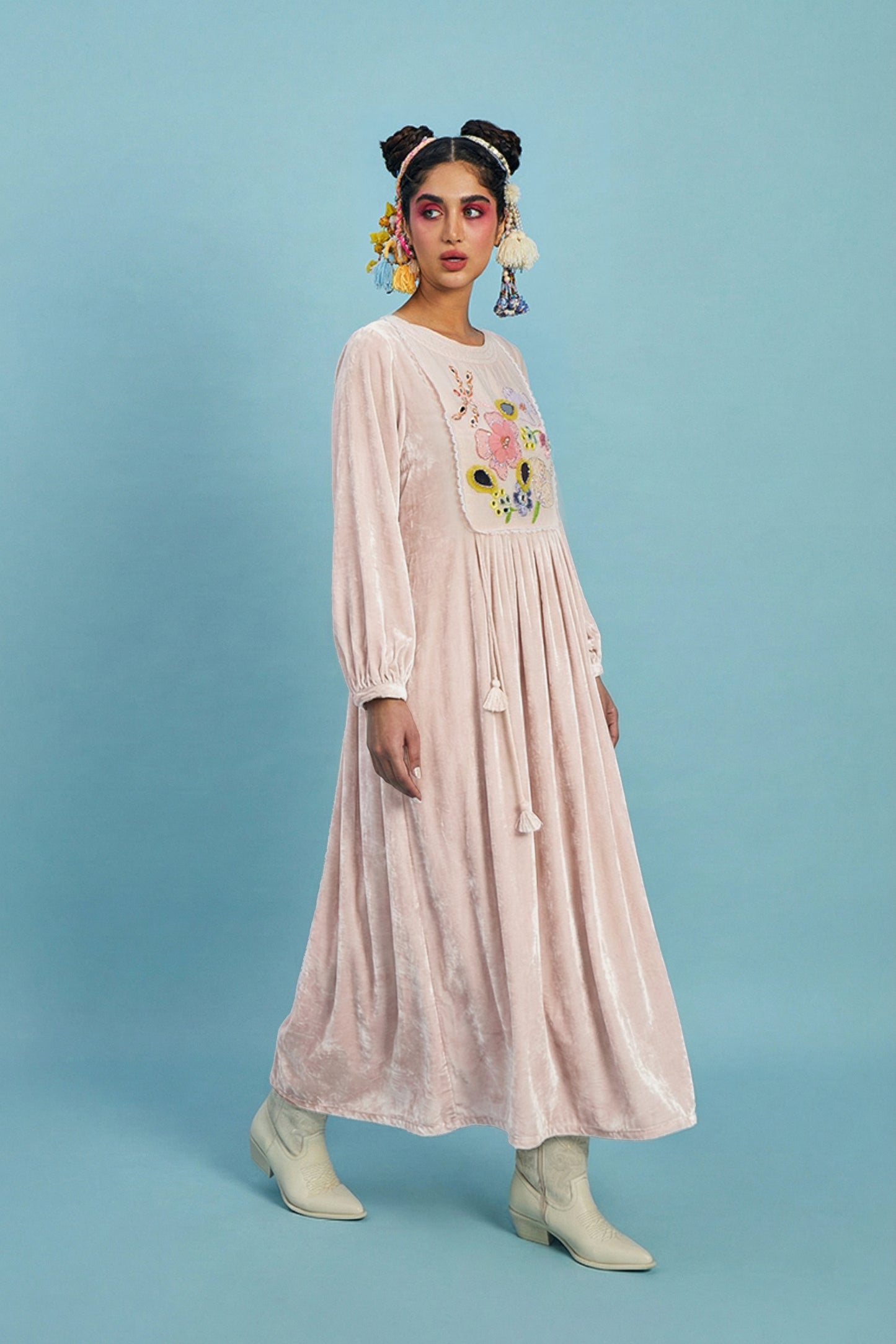 VELVET Mirror Yoke Embellished Ladies Long Dress (Light Peach color)