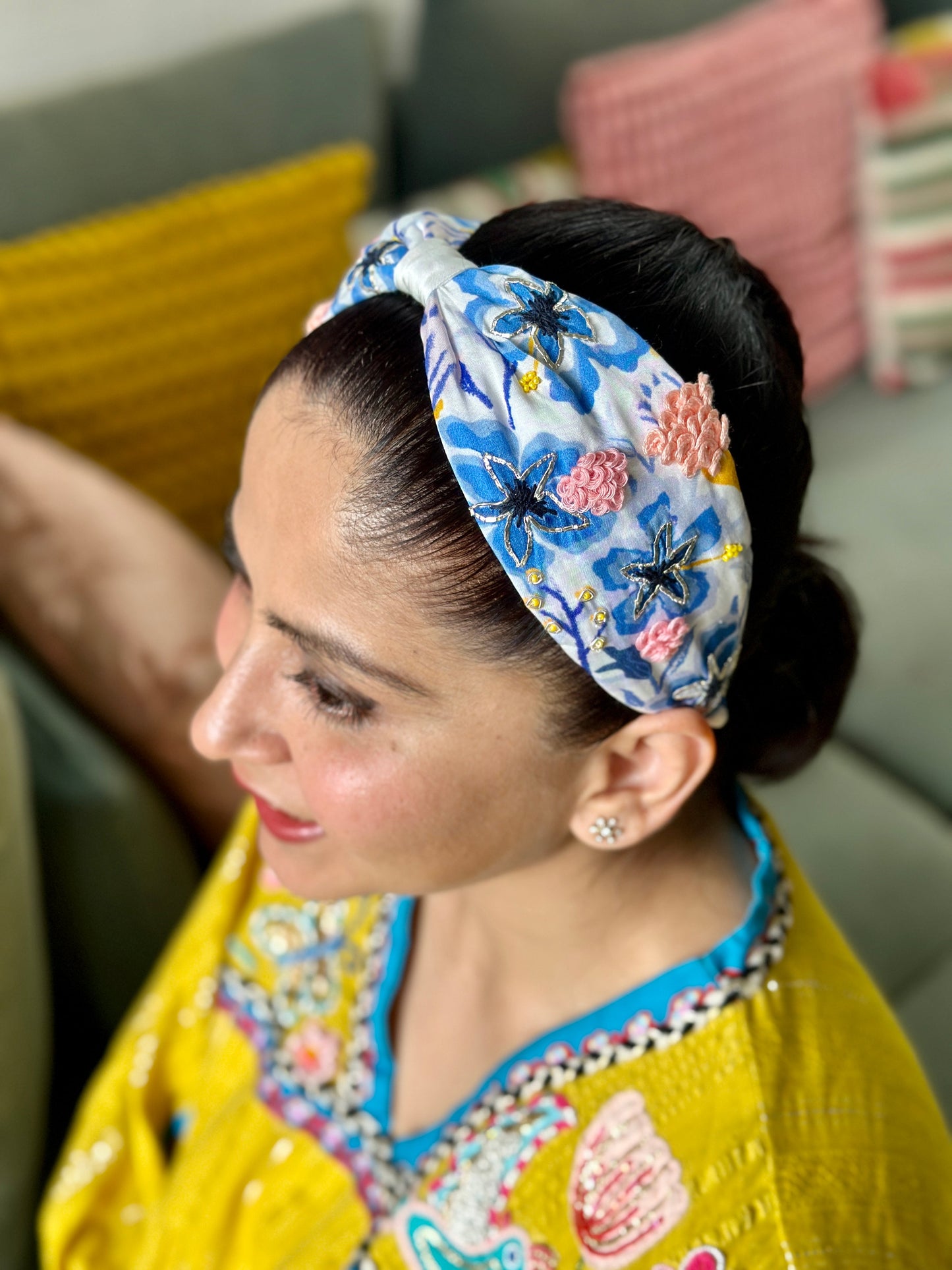 Blue Pottery Embroidered Printed Headband