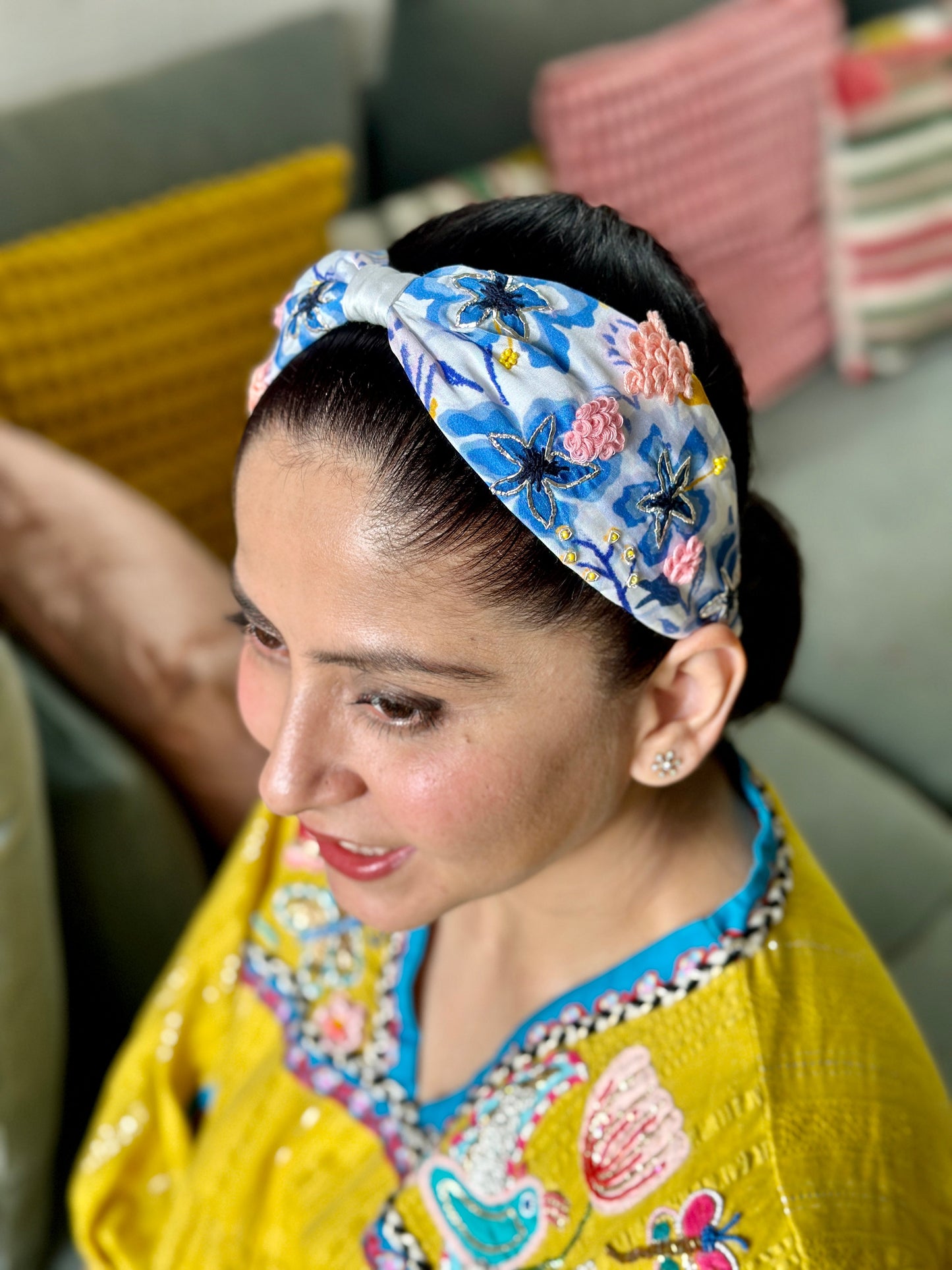 Blue Pottery Embroidered Printed Headband