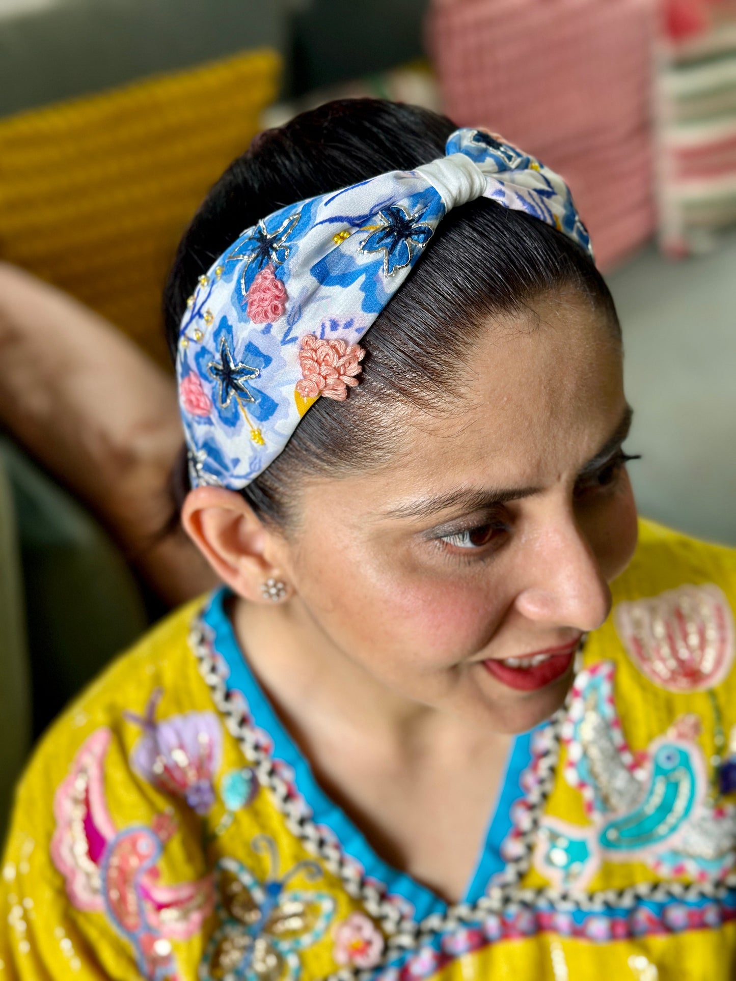 Blue Pottery Embroidered Printed Headband
